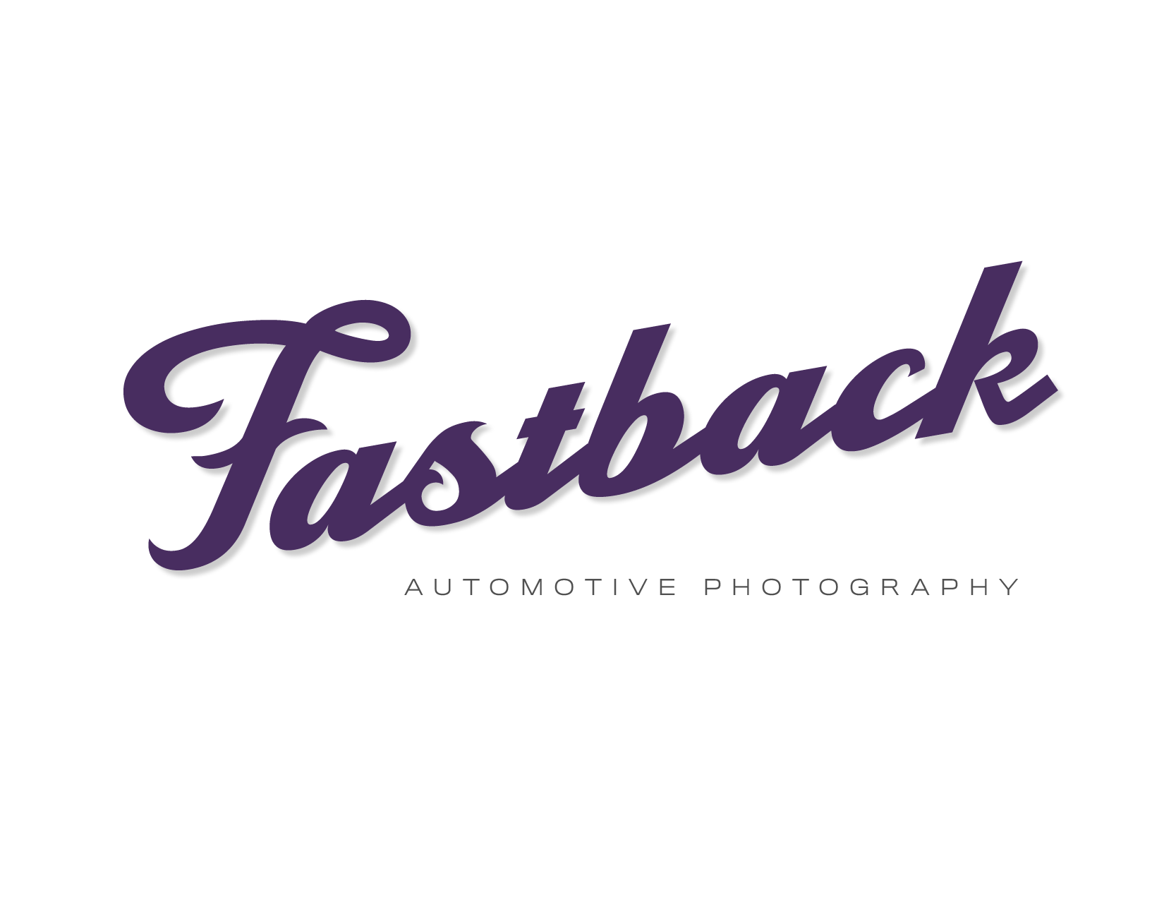 "Fastback Automotive Photography" logo with purple script text on a white background.