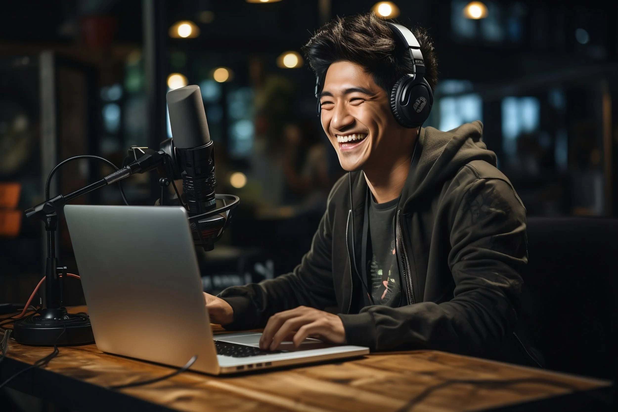 Young man at his laptop, responding to a video.