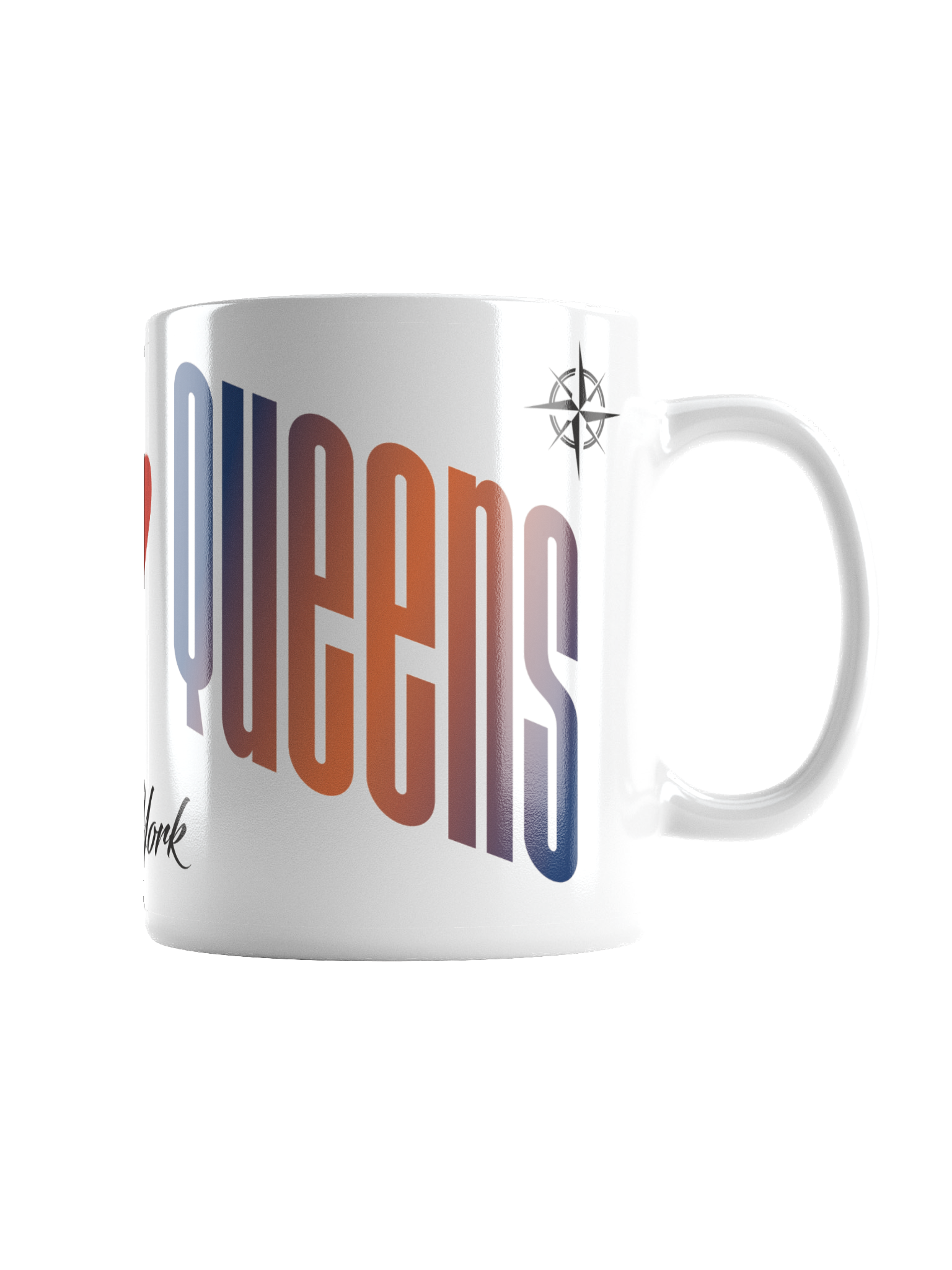 White ceramic mug with multicolored vertical text and a compass logo.