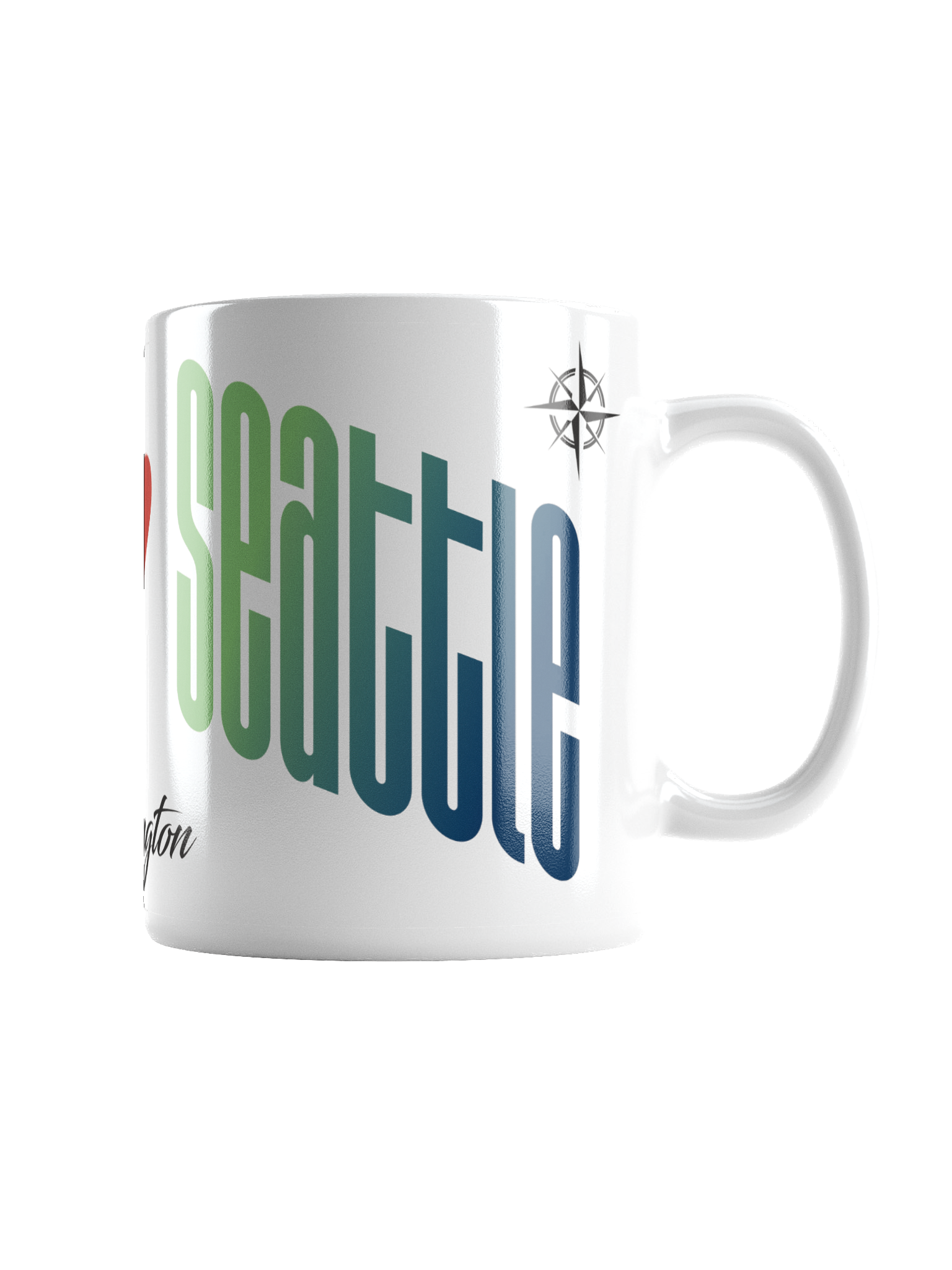 White mug with text in a rainbow gradient and a compass rose symbol.