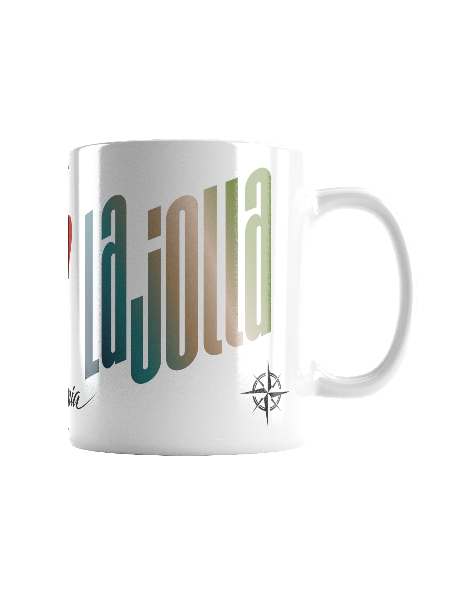 A white ceramic mug with a colorful, stylized text design that reads 'La Jolla' in large, bold, letters. The mug also features a small compass symbol near the handle.
