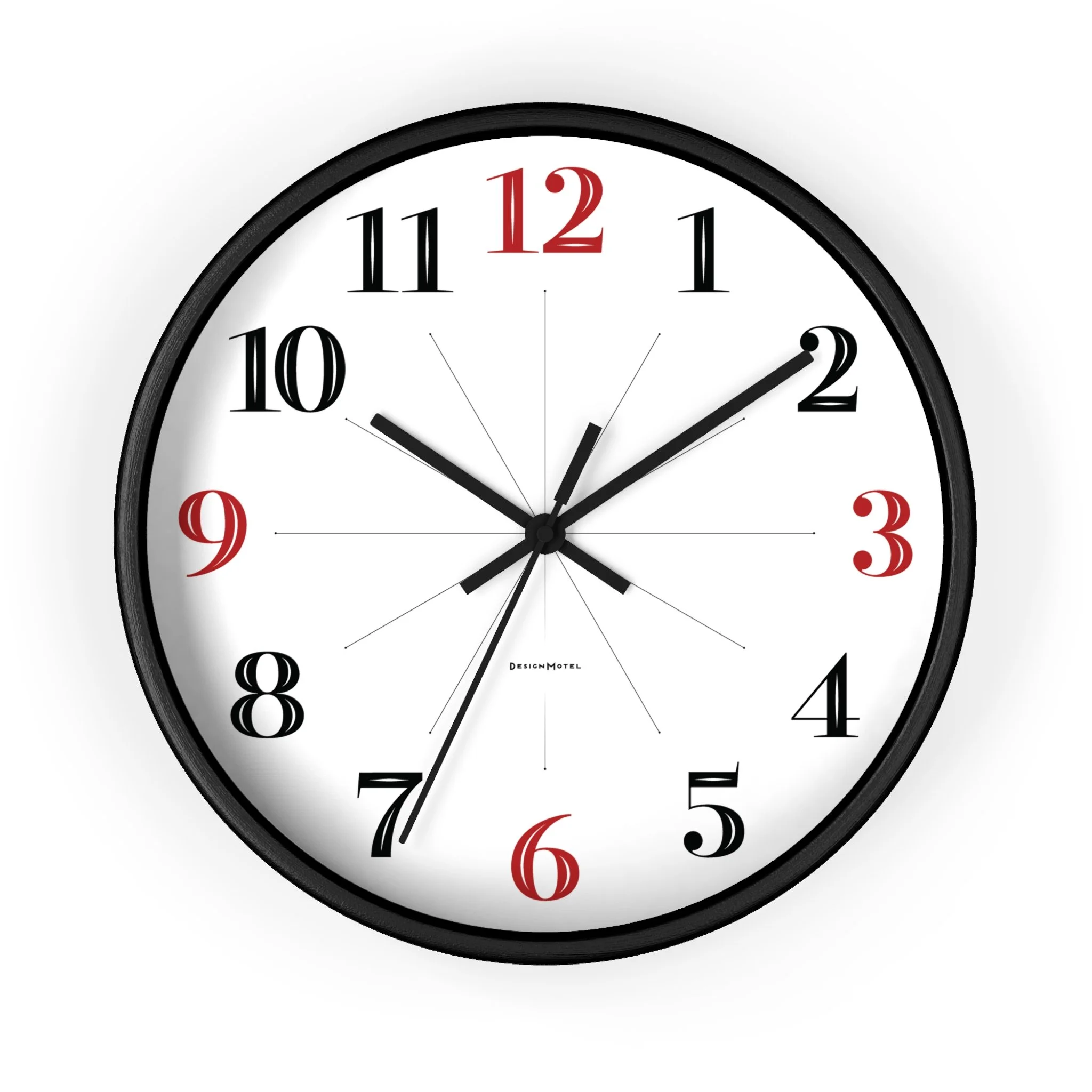 A round wall clock showing the time as 10:10:35, with black frame, black hands, and a white face with black and red numbers.