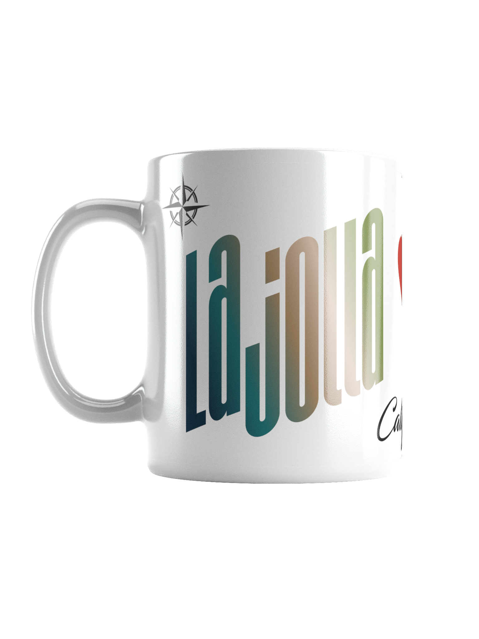 A white ceramic mug with a colorful, stylized text design that reads 'La Jolla' in large, bold, letters. The mug also features a small compass symbol near the handle.