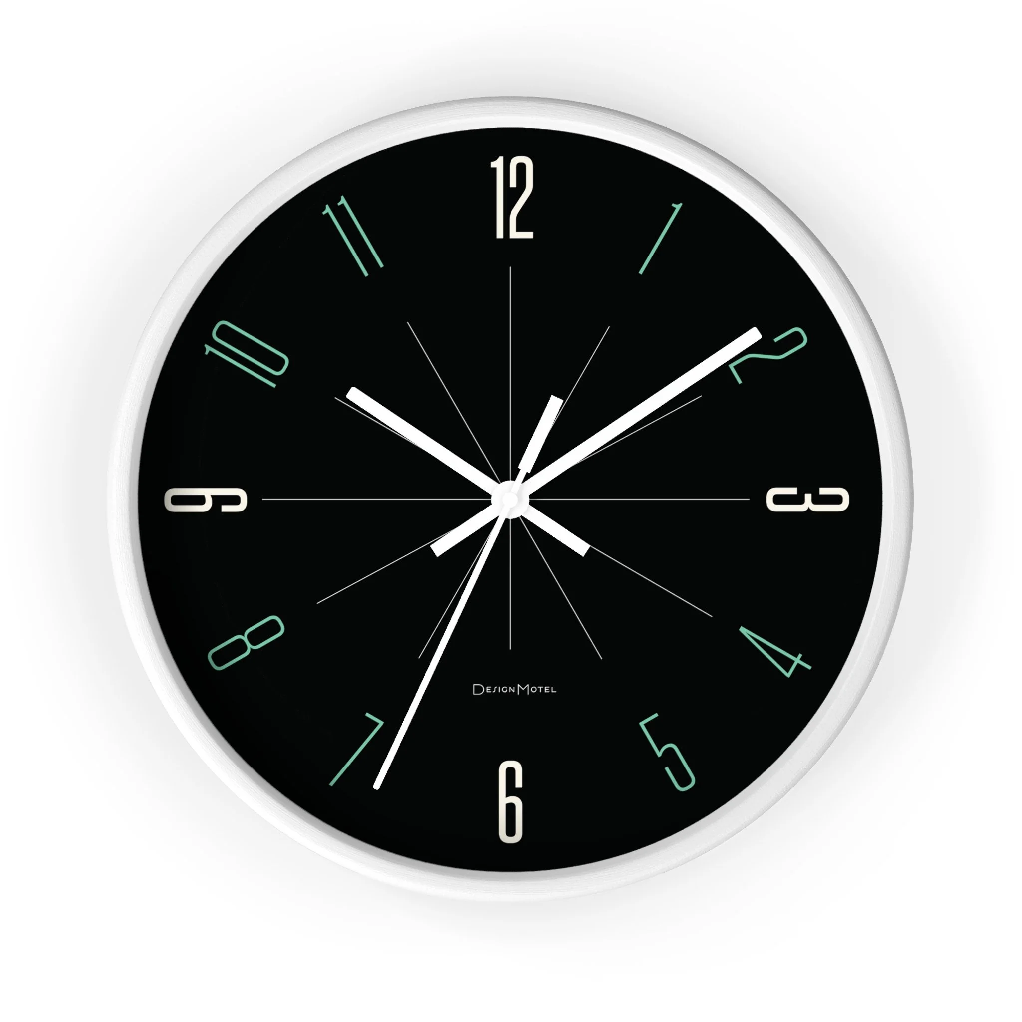 Round wall clock with a black face, white frame, and modern numbers in various colors. The clock shows the time as approximately 10:11:34.