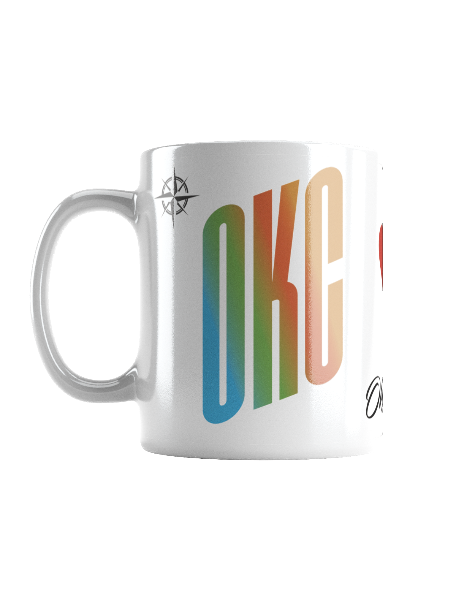 White coffee mug with colorful rainbow gradient numbers '2019' on its side, a black signature at the bottom, and a black ornate logo at the top left, against a black background.
