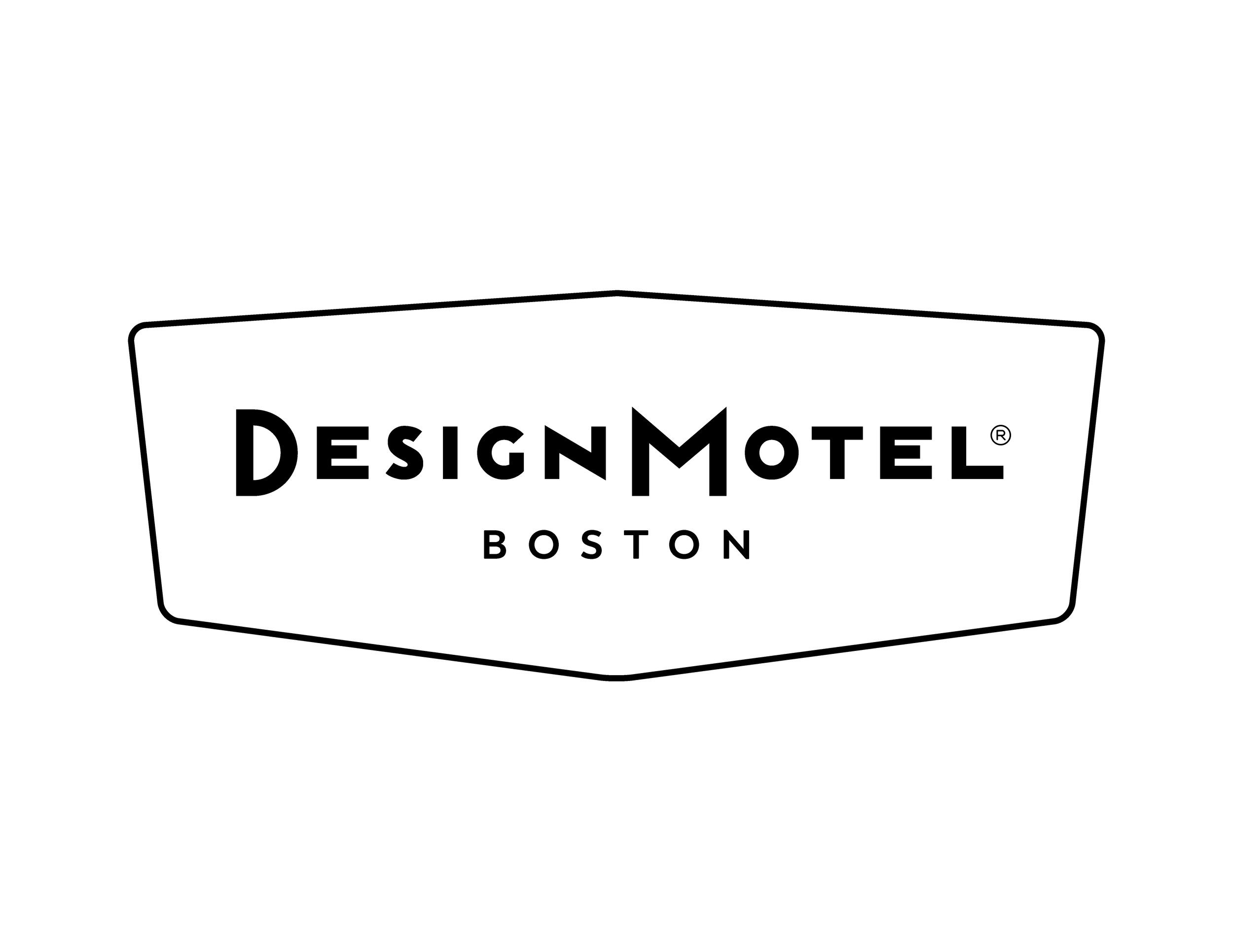 Logo with Design Motel on bold sans serif letters on one line, with Boston in smaller capital letters centered below. The words are contained in a six-sided polygon frame.