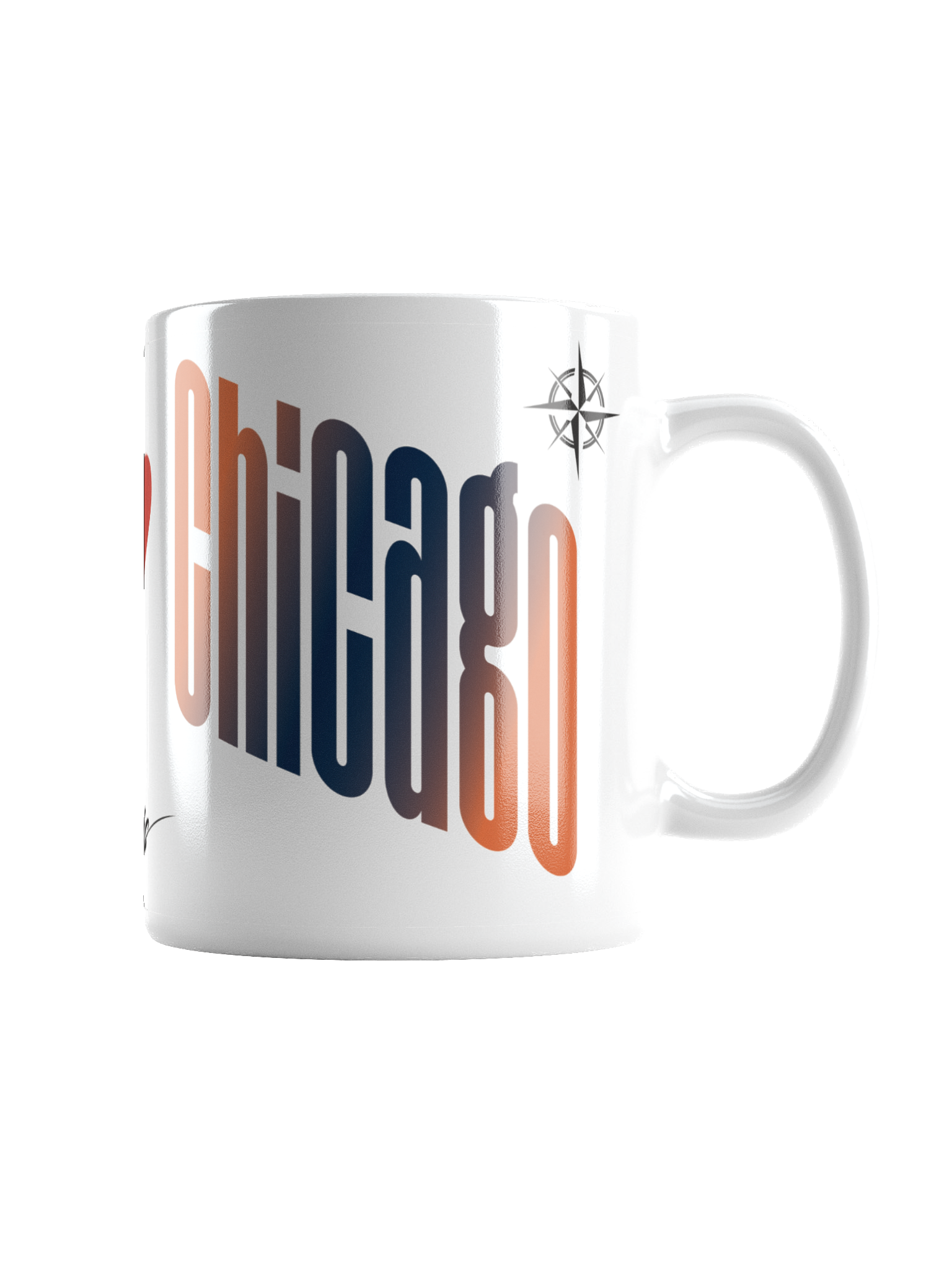 A white ceramic mug with a colorful, stylized text design that is partially visible, reading 'Chicago' in large, bold letters with a gradient from blue to red. The mug also features a small compass symbol near the handle.