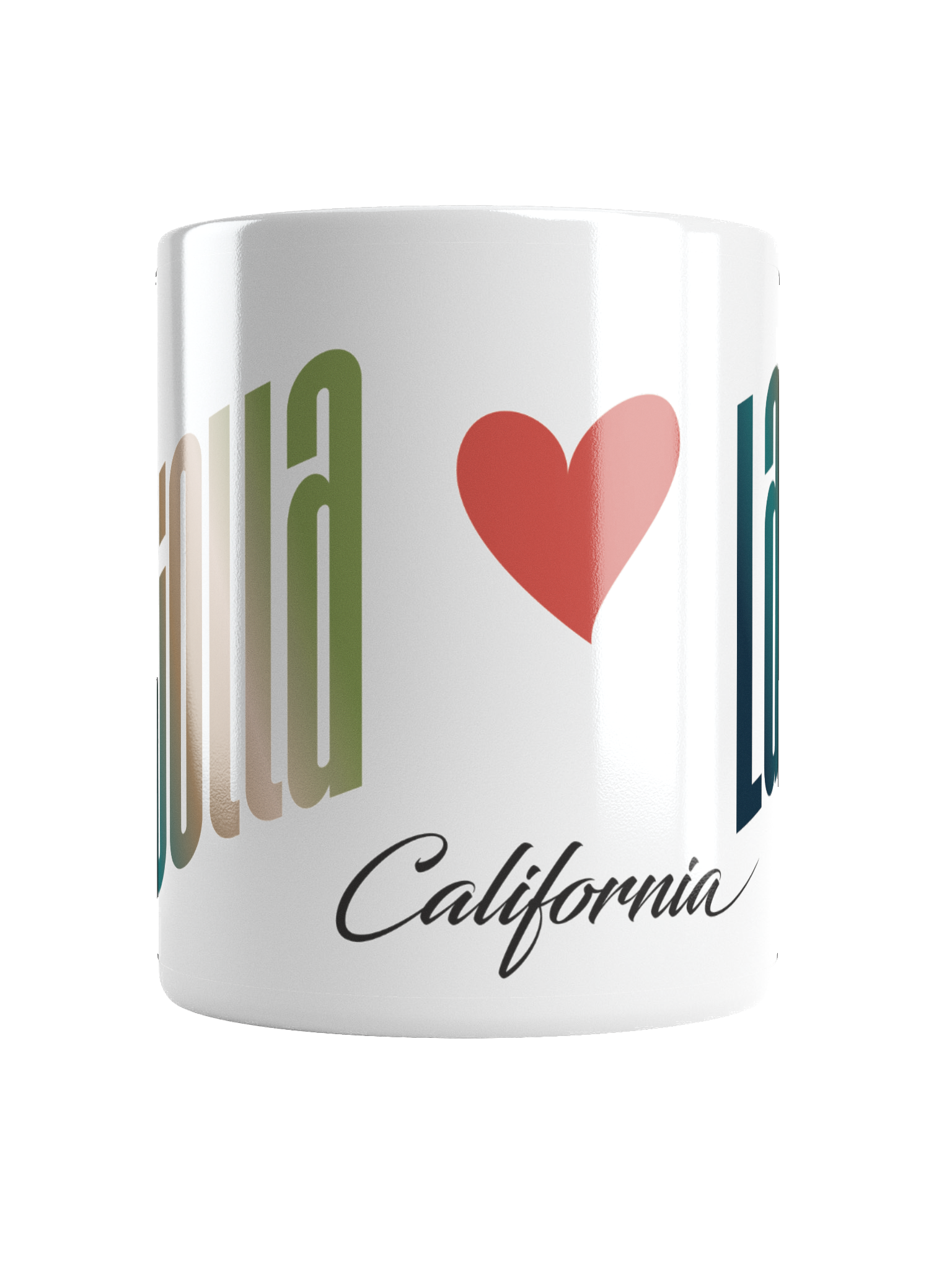 A white mug features a red heart symbol and the state name 'California' in black script below.