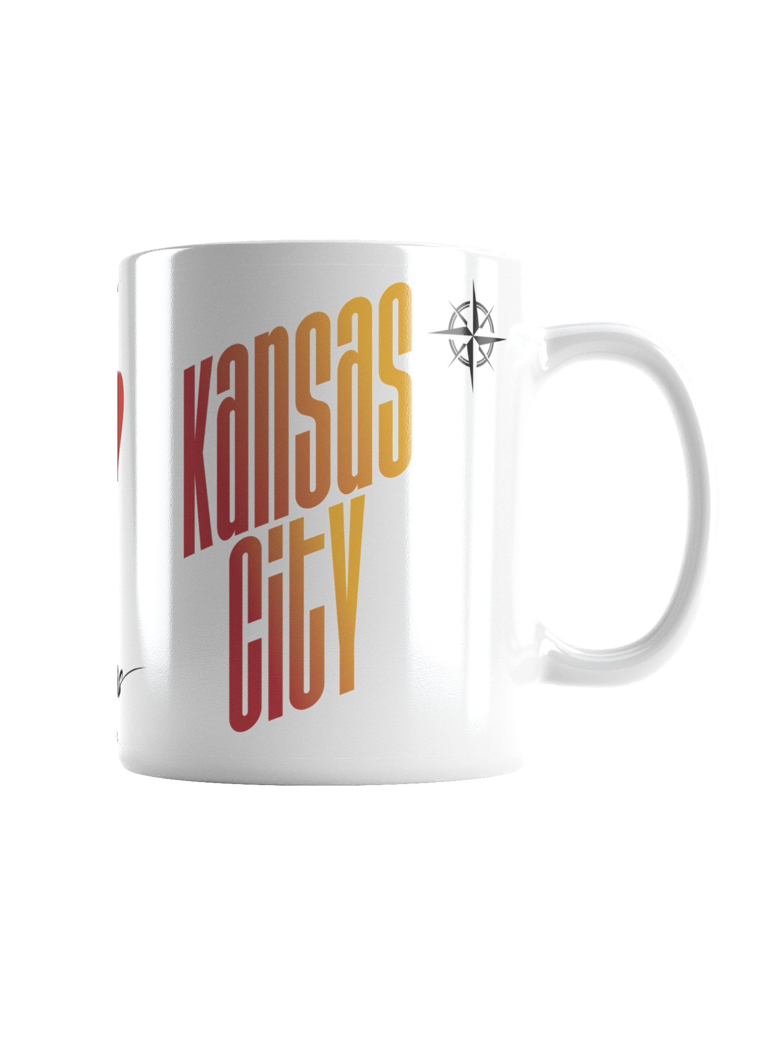 A white ceramic mug with a colorful, stylized text design that reads 'Kansas City' in large, bold, stacked letters in red and orange gradients. The mug also features a small compass symbol near the handle.