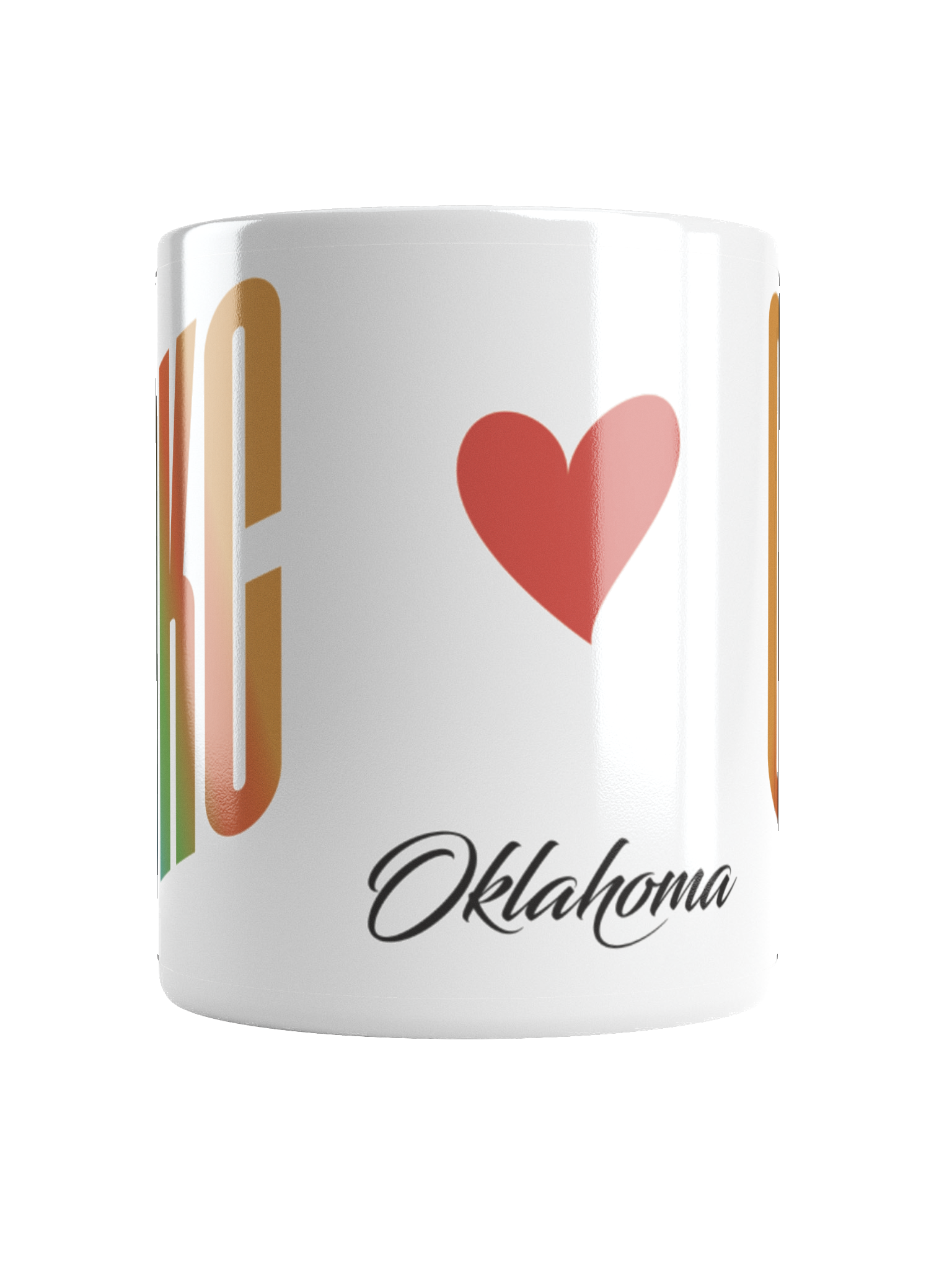 A ceramic mug with a design featuring the word 'love' in cursive and a red heart, along with the word 'Oklahoma' written underneath.