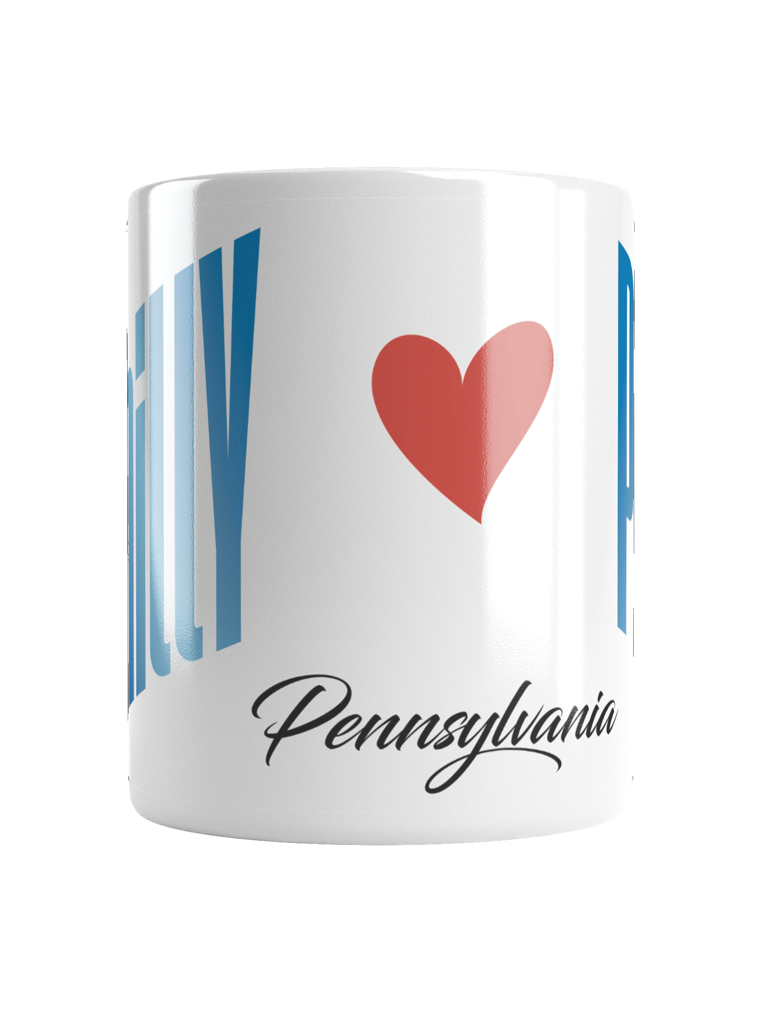 A white Pennsylvania souvenir mug featuring a red heart and the word Pennsylvania in elegant black script.