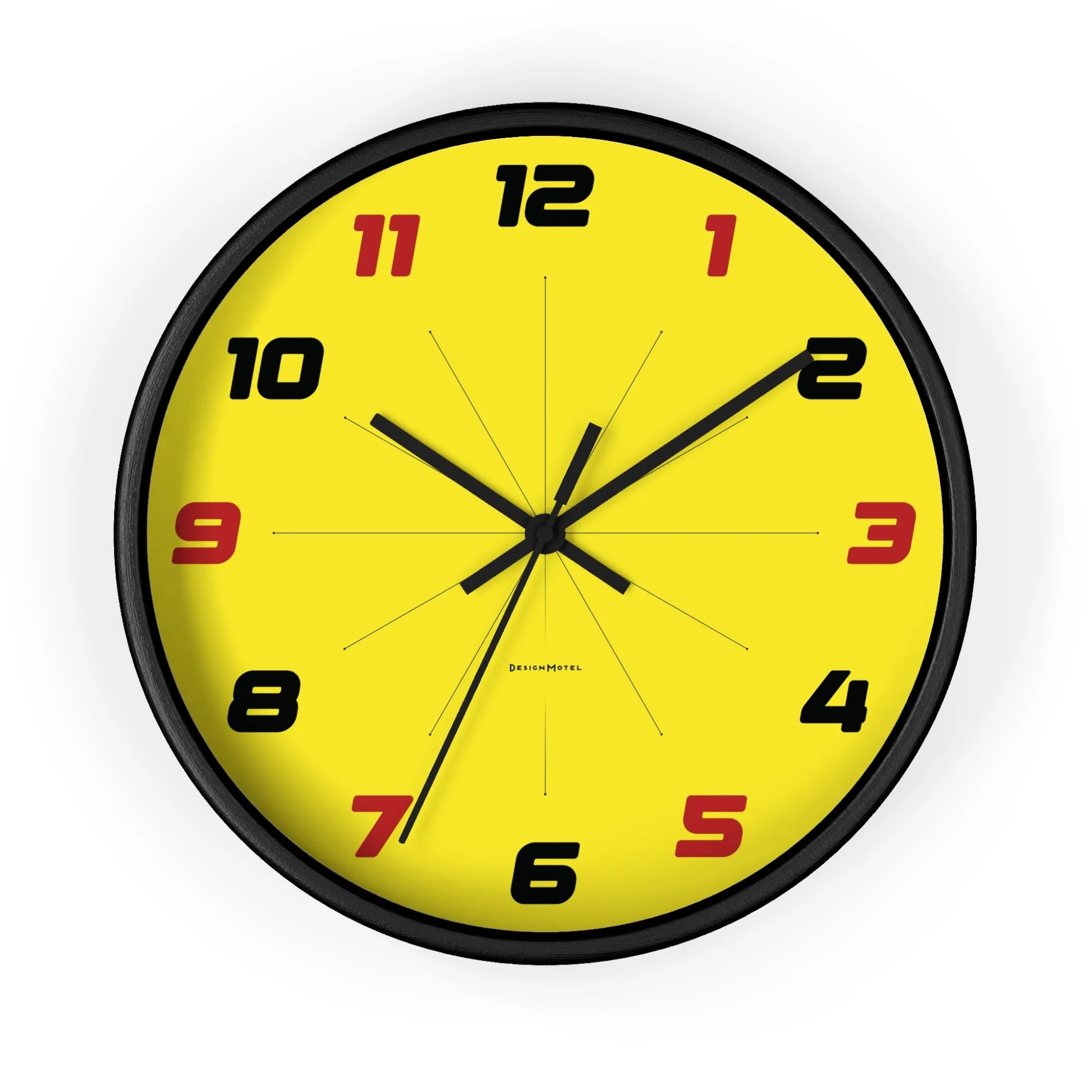 Yellow wall clock with black frame, black hour and minute hands, black second hand, and red and black numbers on the face