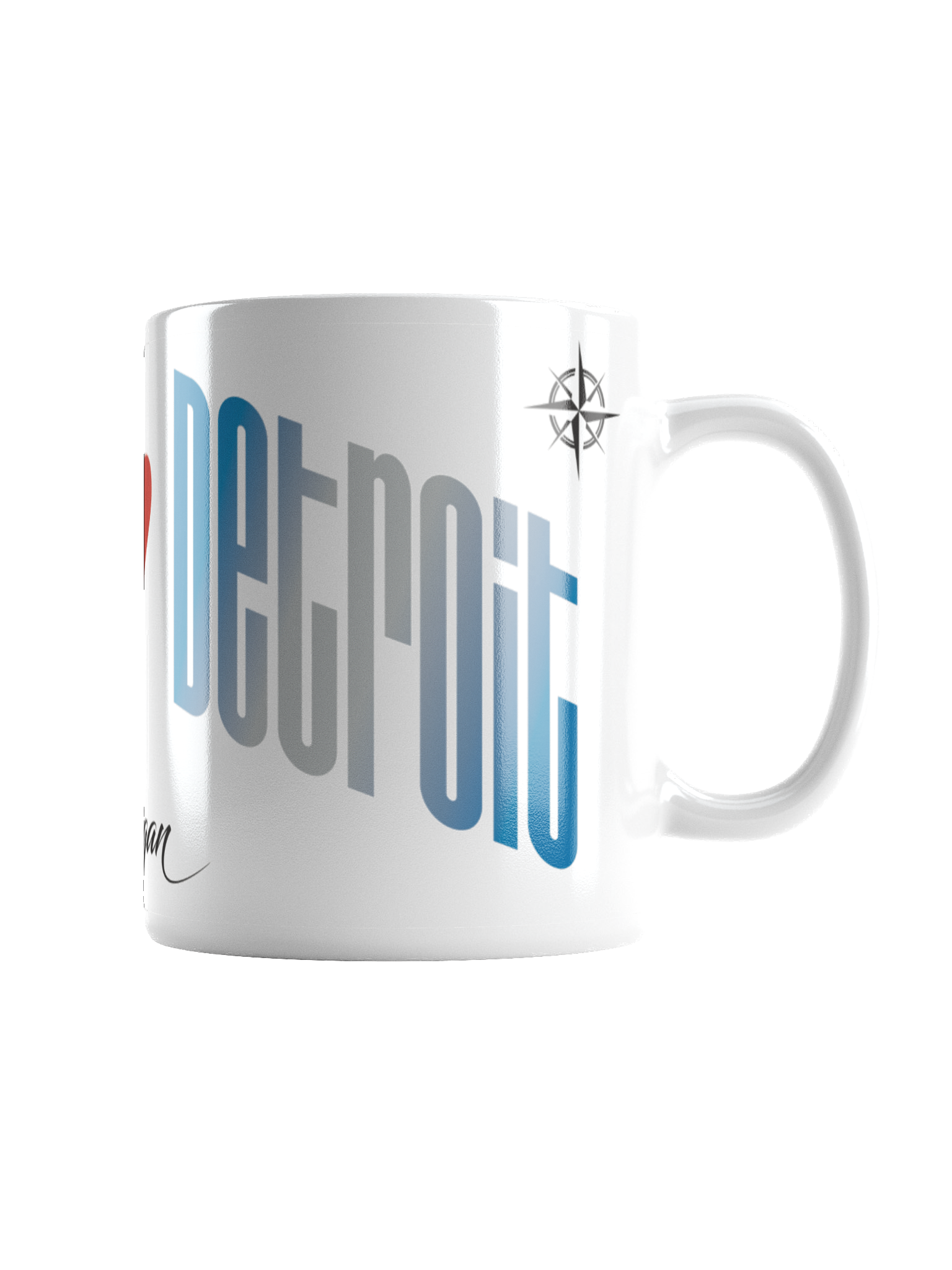 A white ceramic mug with a colorful, stylized text design that reads 'Detroit' in large, bold letters in a blue and silver gradient. The mug also features a small compass symbol near the handle.