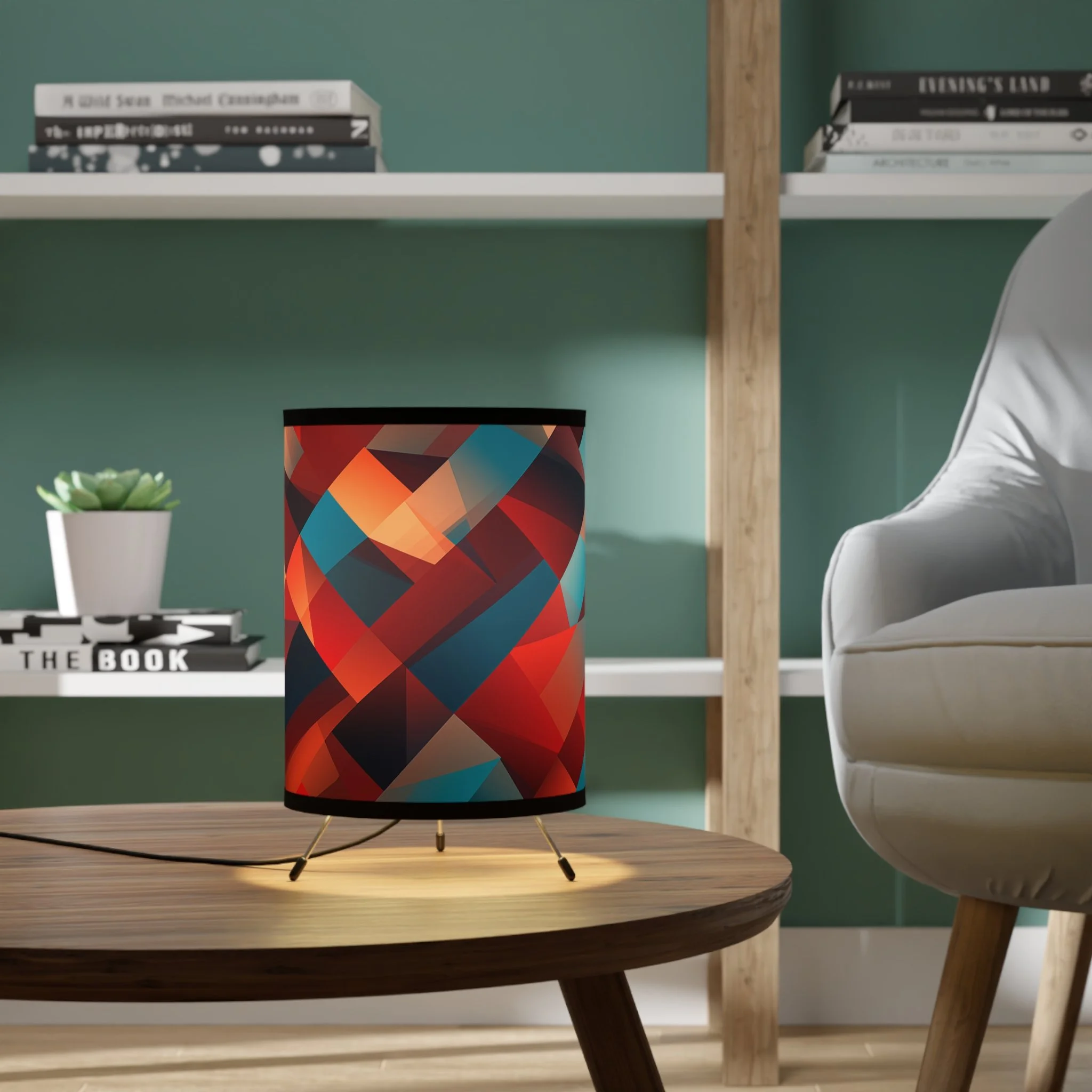 A table lamp with a colorful geometric patterned shade on a wooden coffee table in a cozy living room.