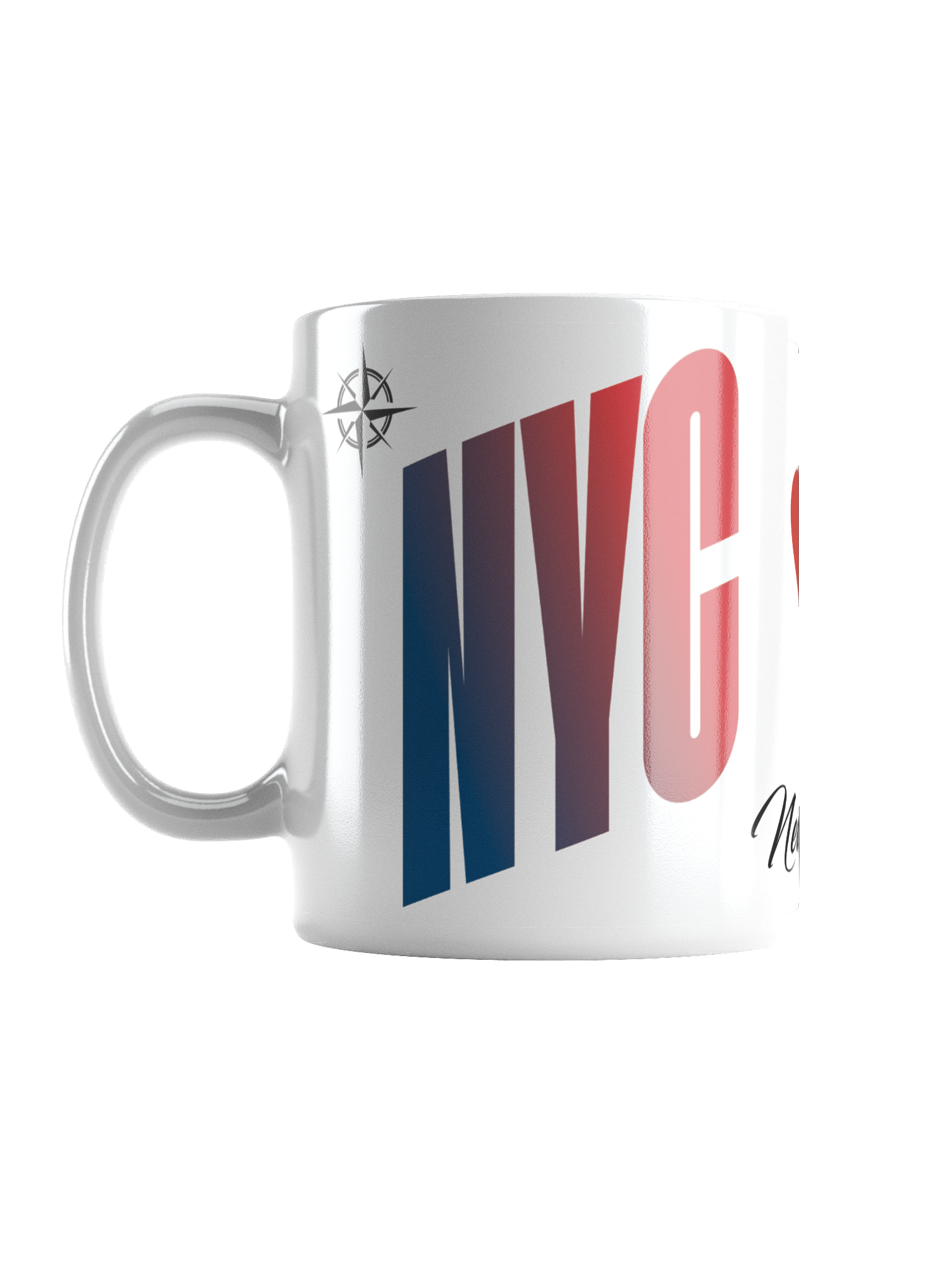 A white mug with a black compass design near the handle and large red and blue text.