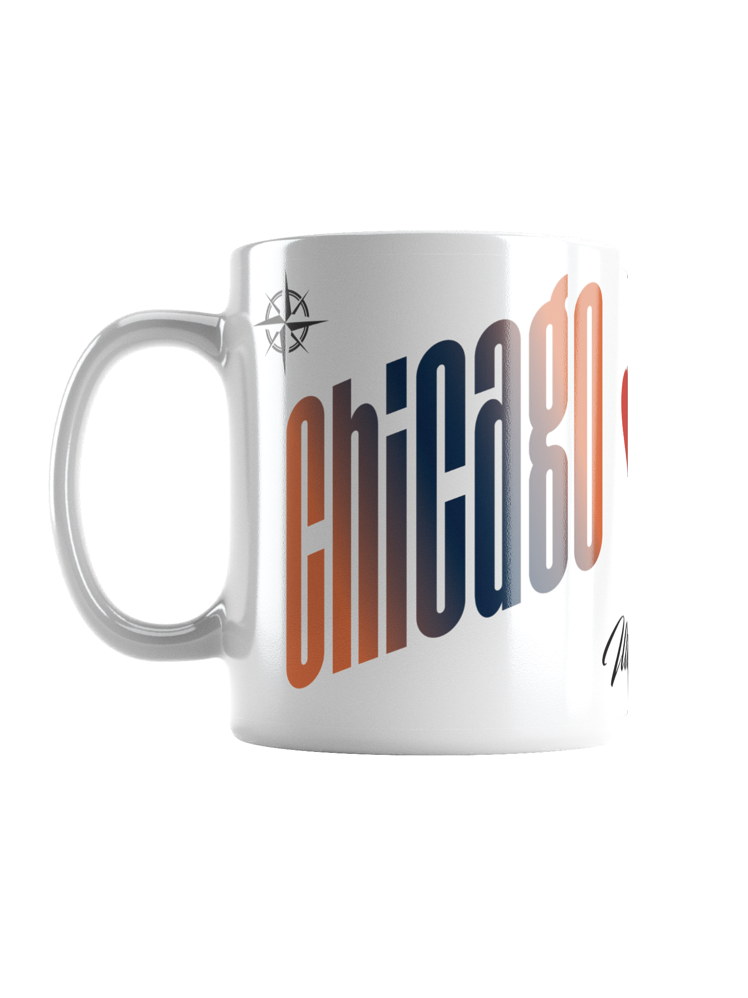 A white ceramic mug with a colorful, stylized text design that is partially visible, reading 'Chicago' in large, bold letters with a gradient from blue to red. The mug also features a small compass symbol near the handle.
