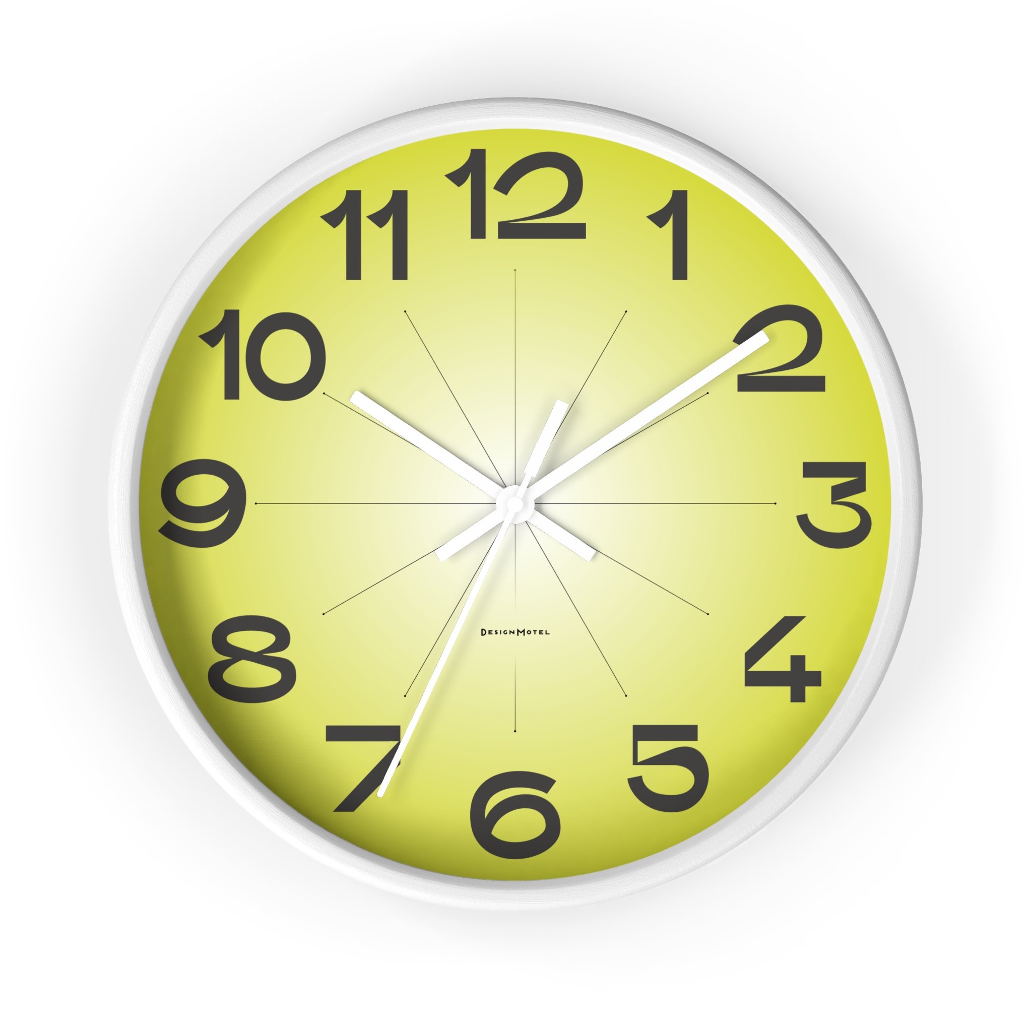 Bright yellow clock with black numbers, white hour and minute hands showing 10:12, and a white second hand pointing at 41 seconds.