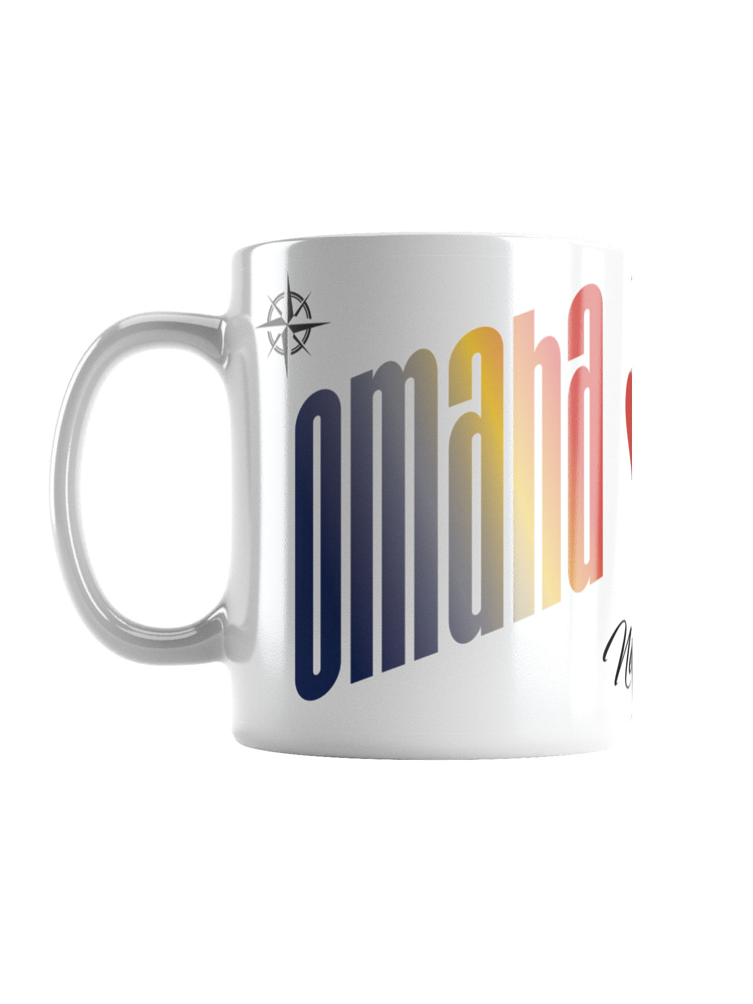 White ceramic mug with the word 'amid' written in rainbow gradient colors and a small black compass logo on the upper left side.