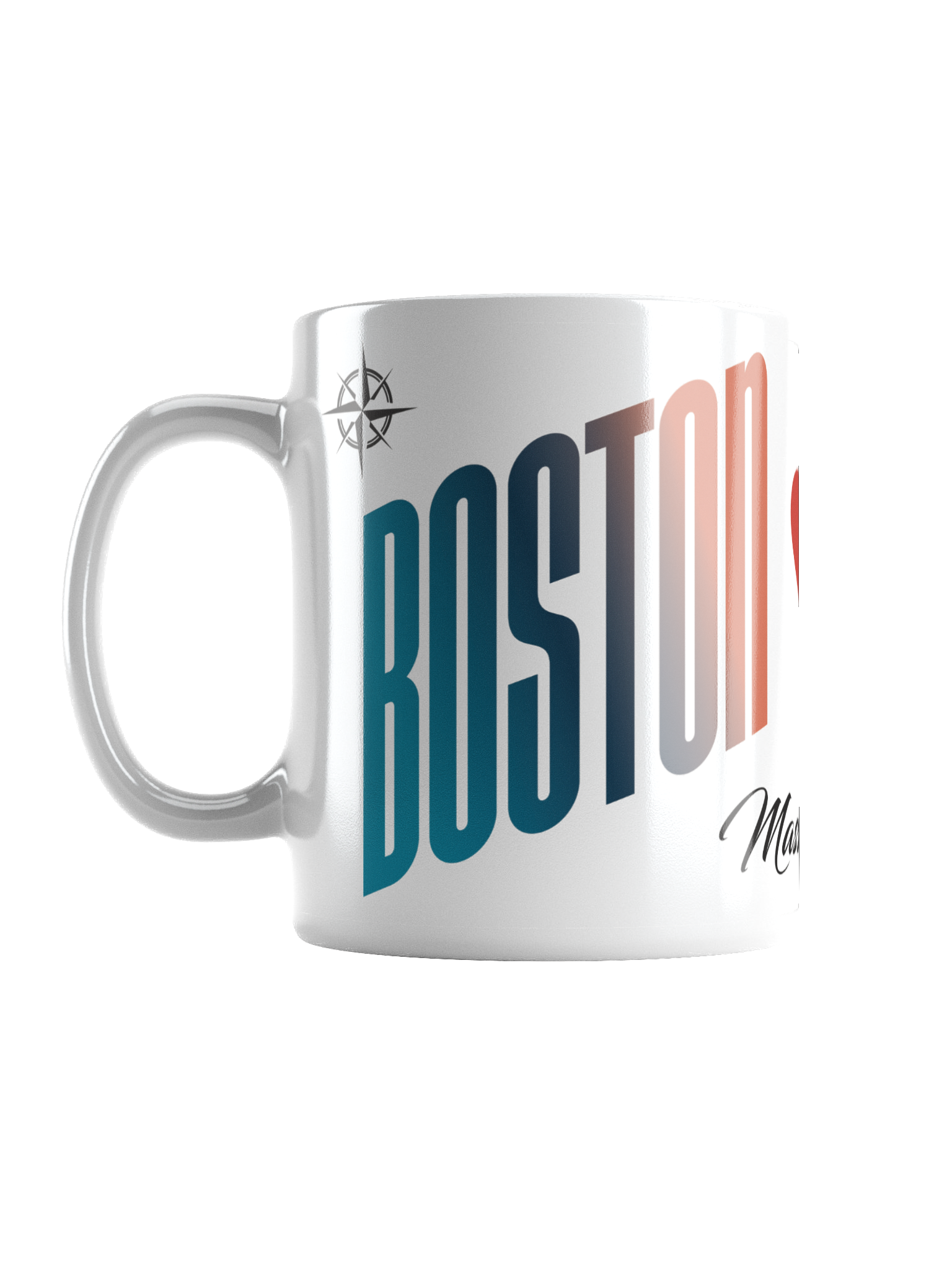White coffee mug with the words "Boston" in bold blue and red letters, with a small signature in black cursive at the bottom right.