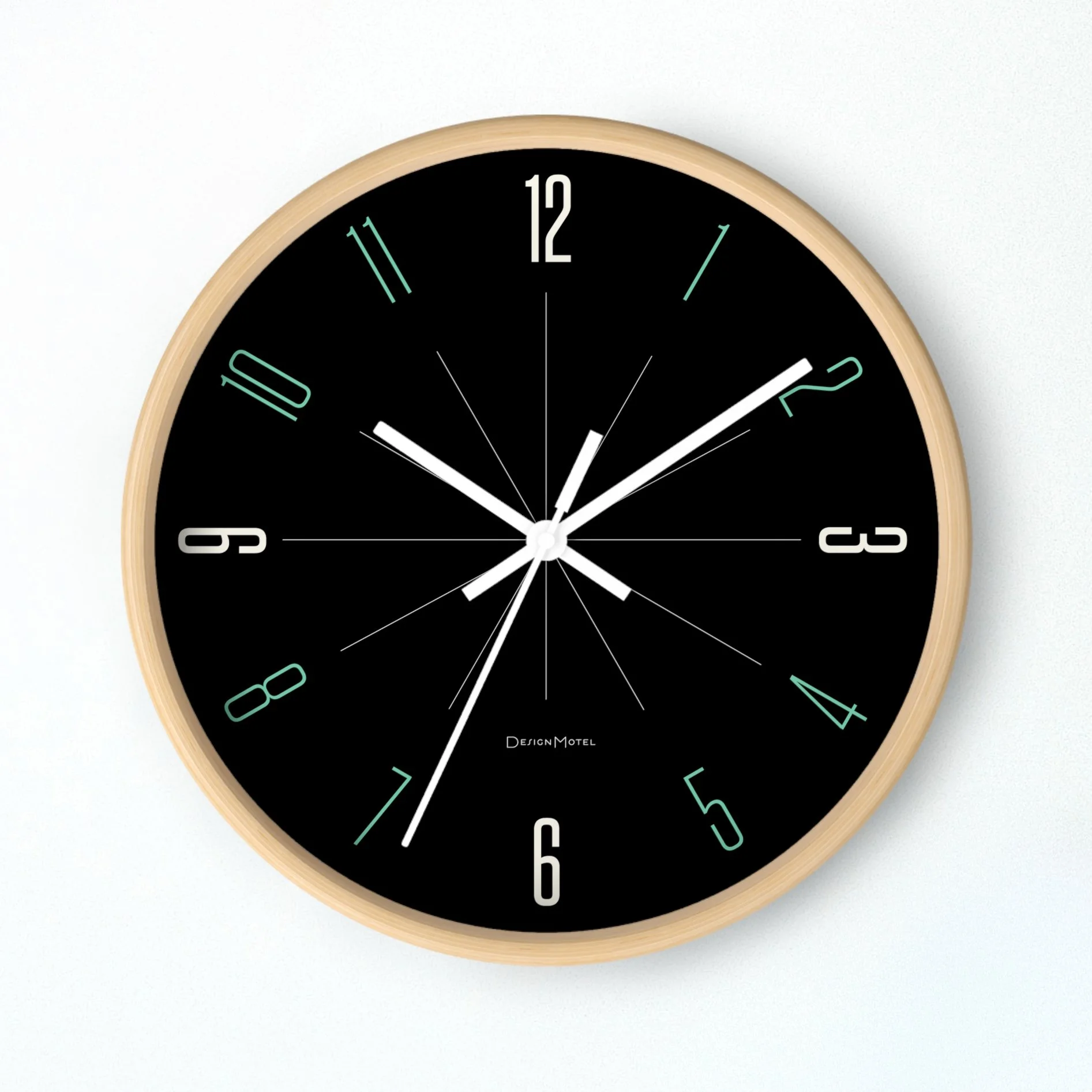 Design Motel teal-and-white-on-black clock face.