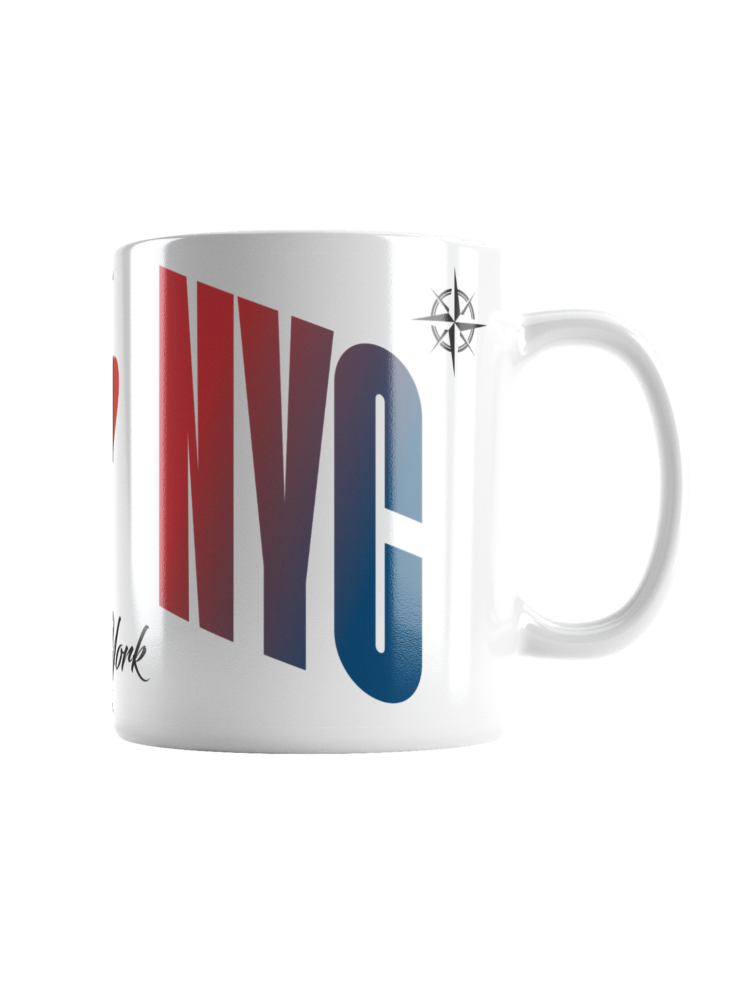 Close-up of a white ceramic mug with red and blue graphic text and a small compass logo near the handle.