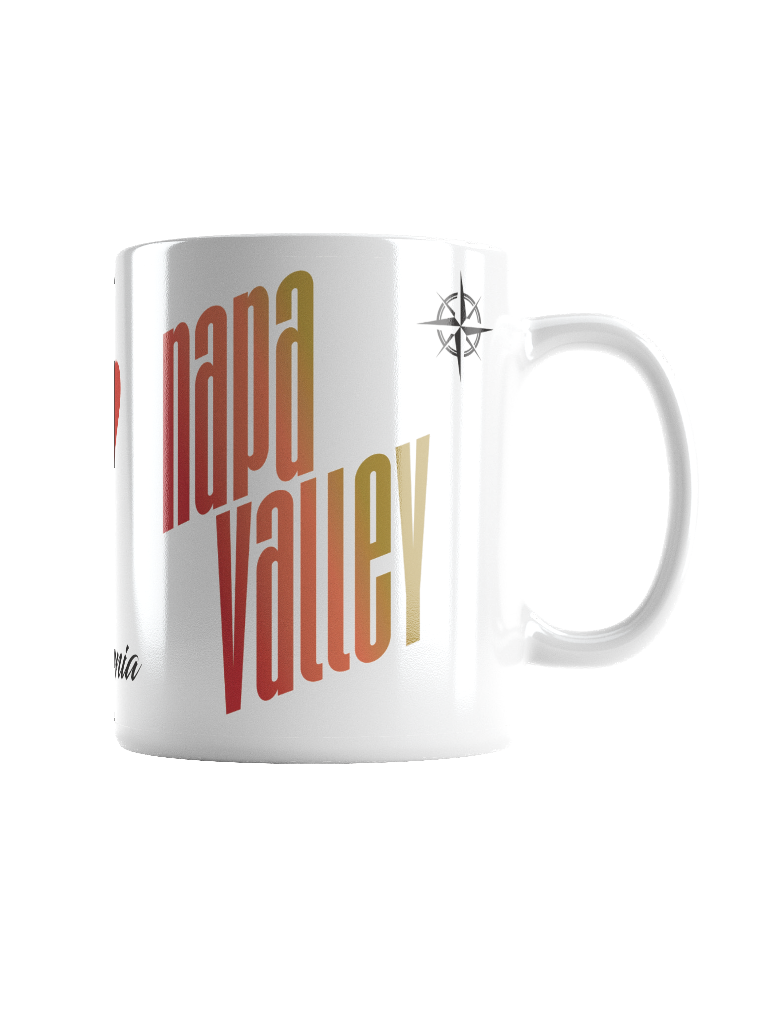 Close-up of a white coffee mug with colorful text and a small compass logo near the handle.