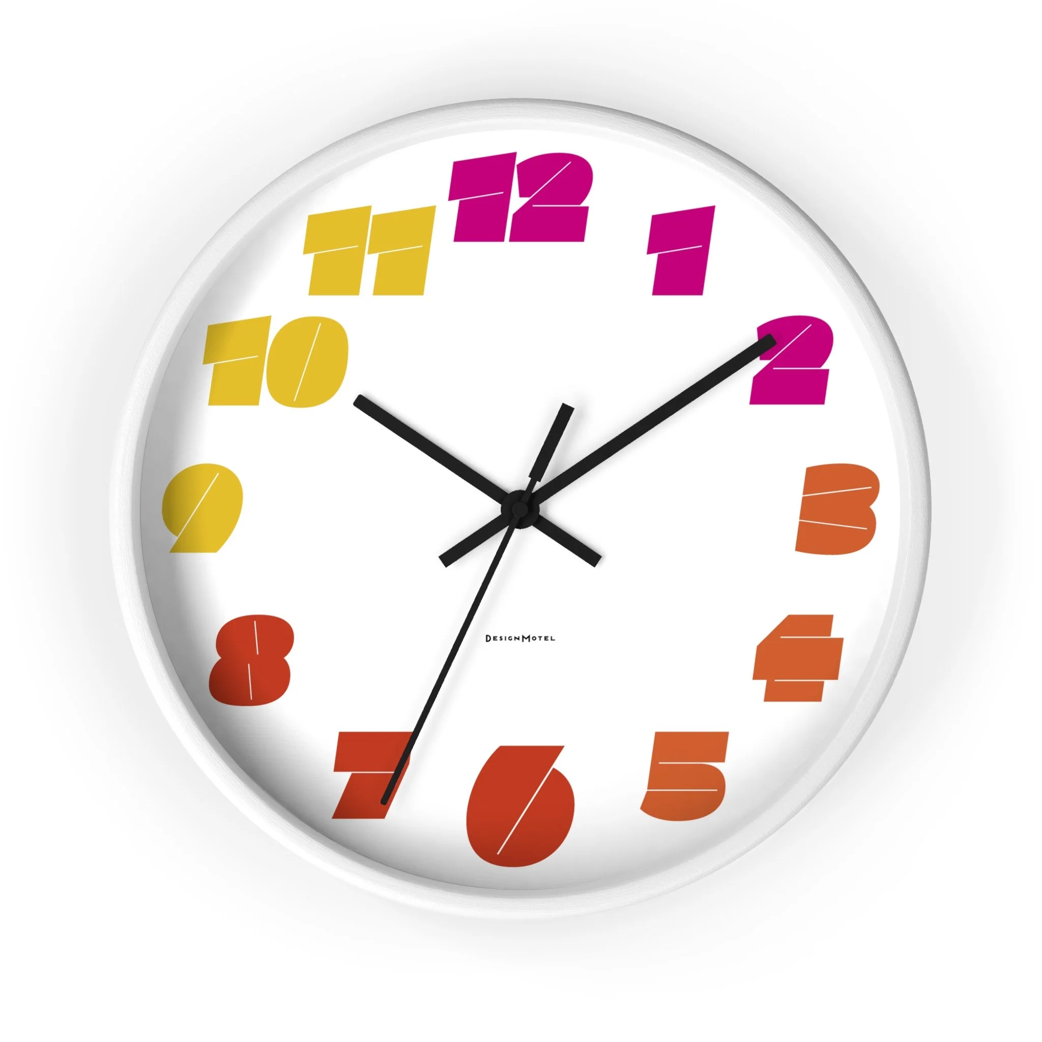 Colorful wall clock with a white face, black hour and minute hands, and a red second hand. The numbers are large, in various bright colors, with 12 in purple, 3 in orange, 6 in red, and the rest in yellow and purple.
