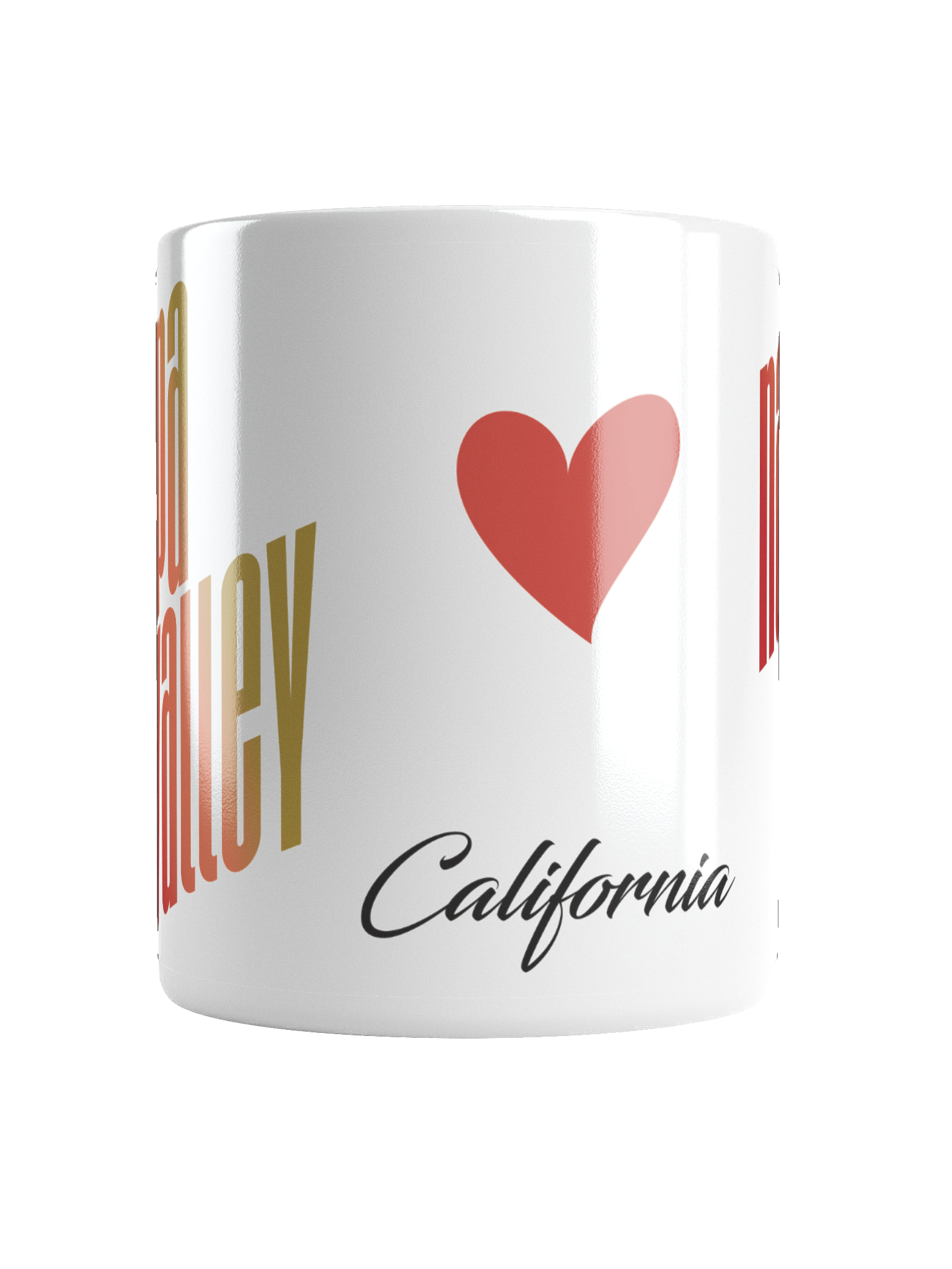 A white mug with the words "You are loved" in gold and orange lettering, a red heart, and the word "California" in black cursive.