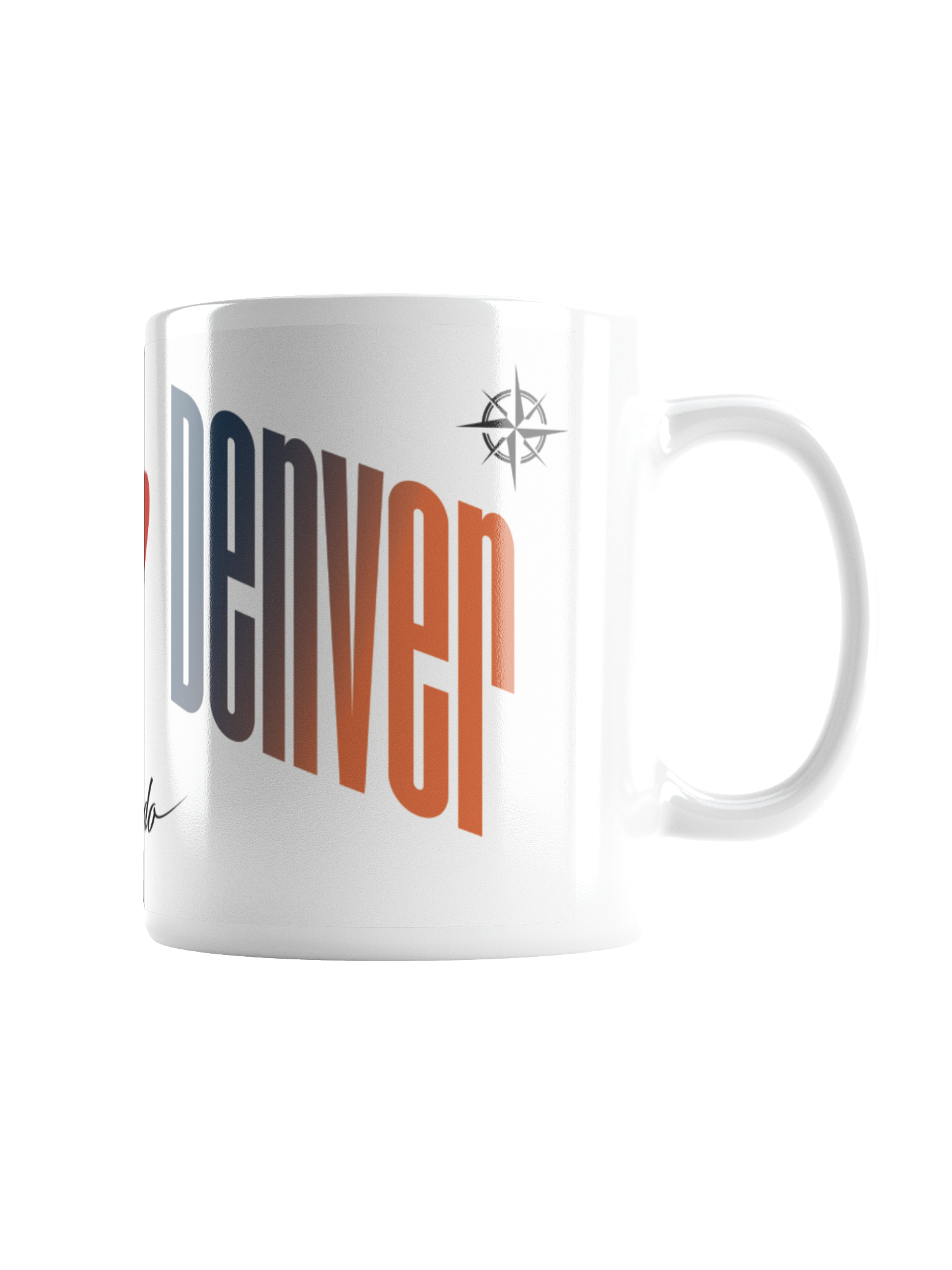 A white ceramic mug with a colorful, stylized text design that is partially visible, reading 'Denver' in large, bold letters with a gradient from blue to red. The mug also features a small compass symbol near the handle.