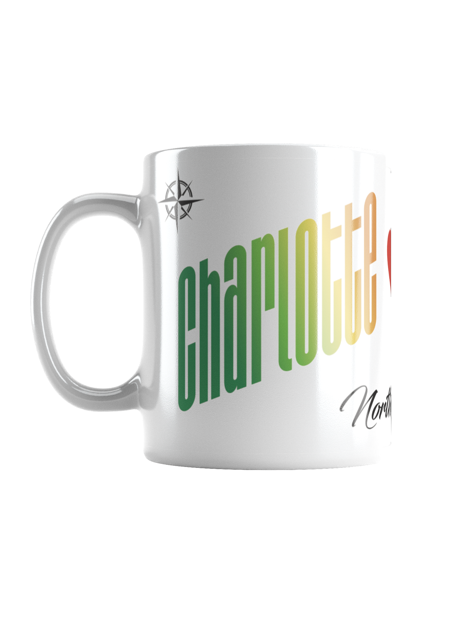 A white coffee mug with the words 'Charlotte' in colorful text, featuring a small North Carolina outline and a signature at the bottom.