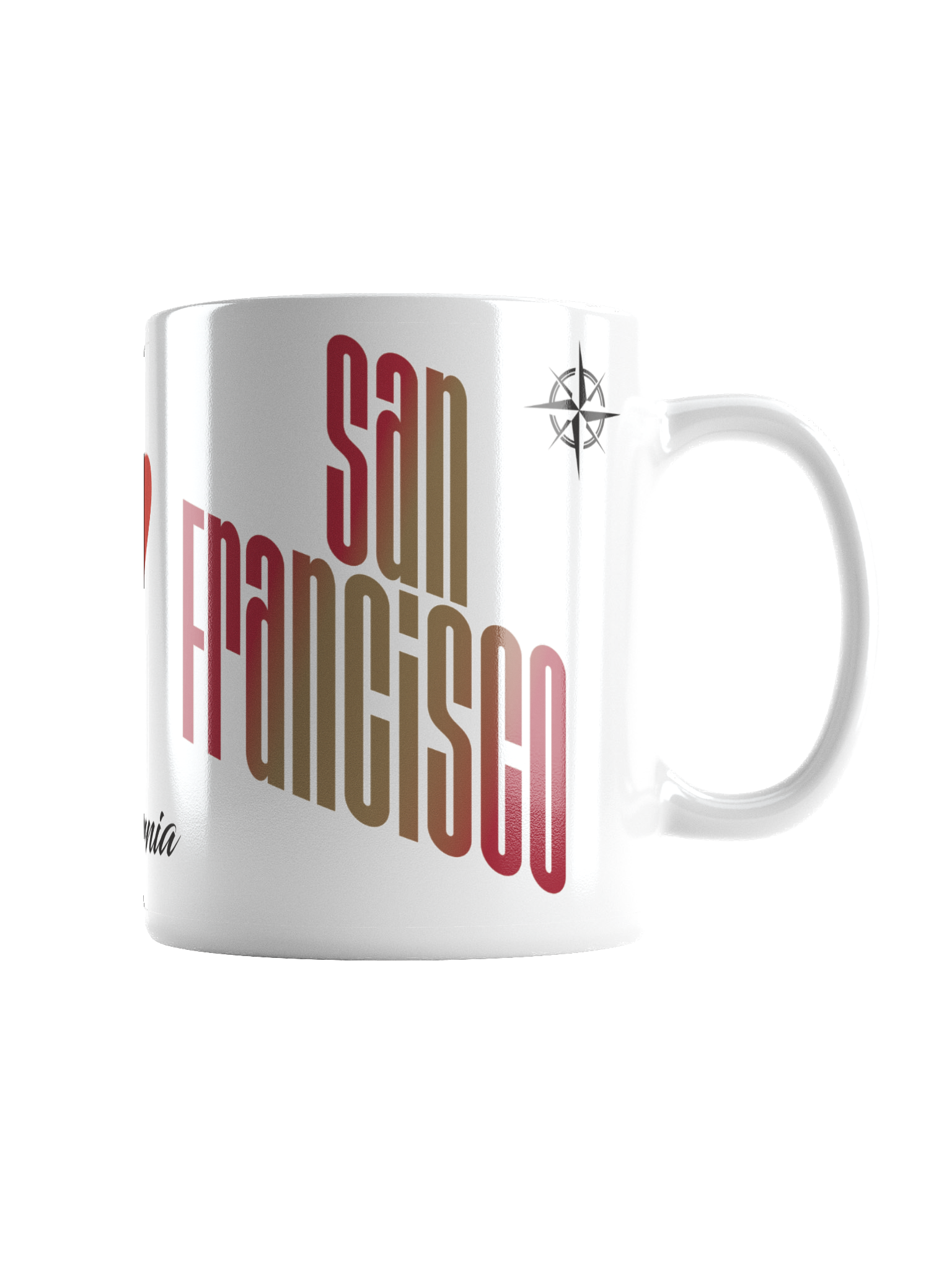A white ceramic mug with colorful text that reads 'San Francisco' and a small black compass rose icon near the handle.