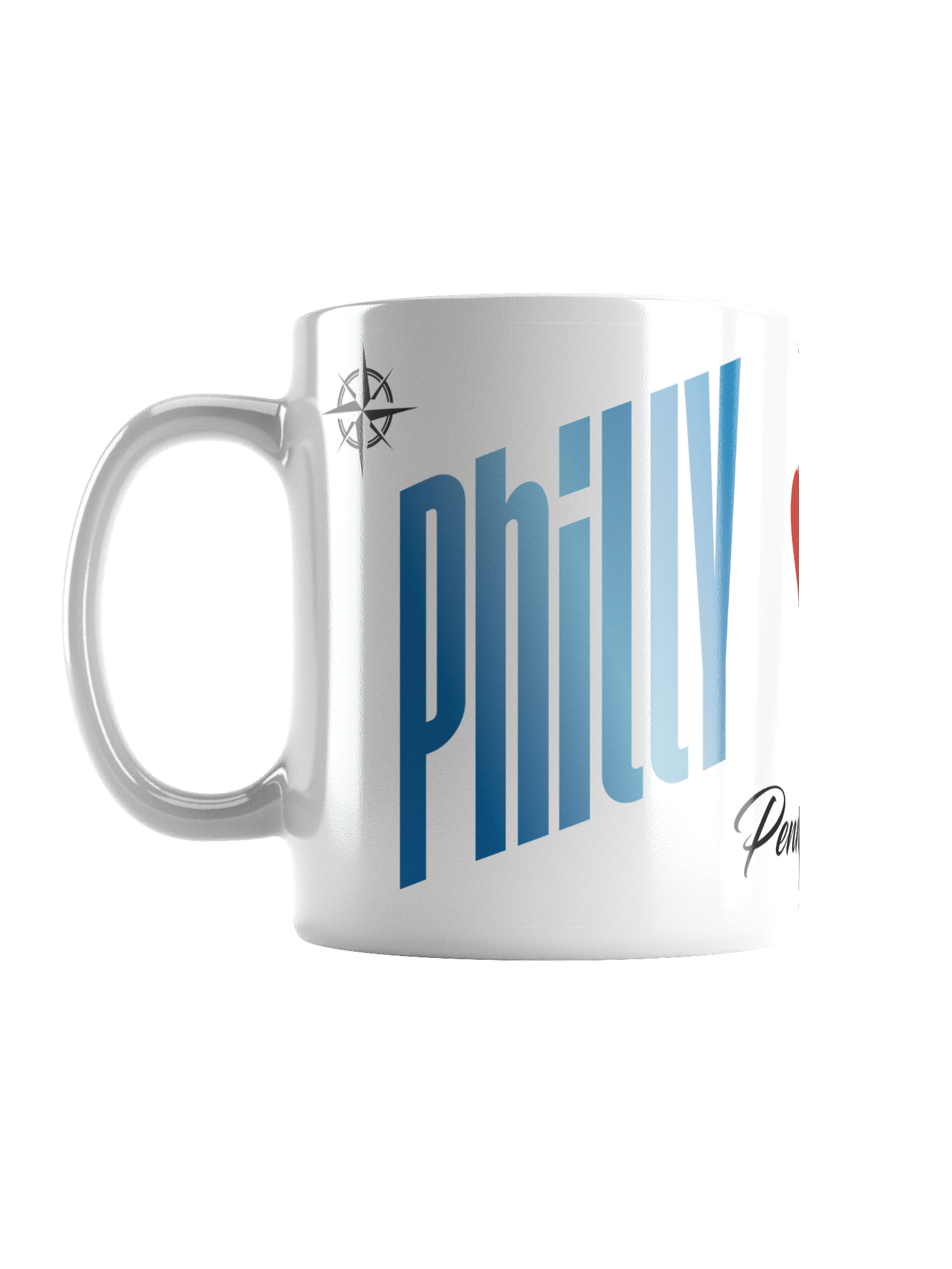 A white coffee mug featuring the blue text 'oh!' and a black circular logo with a star and compass design.