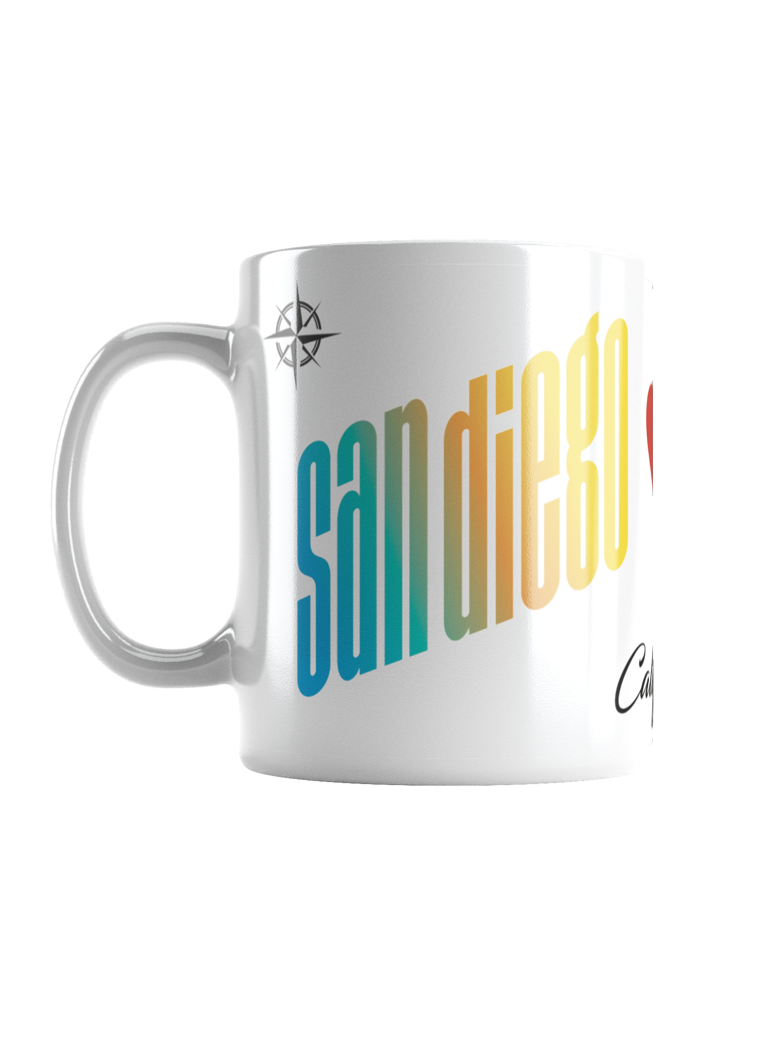 Close-up of a white coffee mug with rainbow-colored text that says 'Good Vibes' and a small signature.