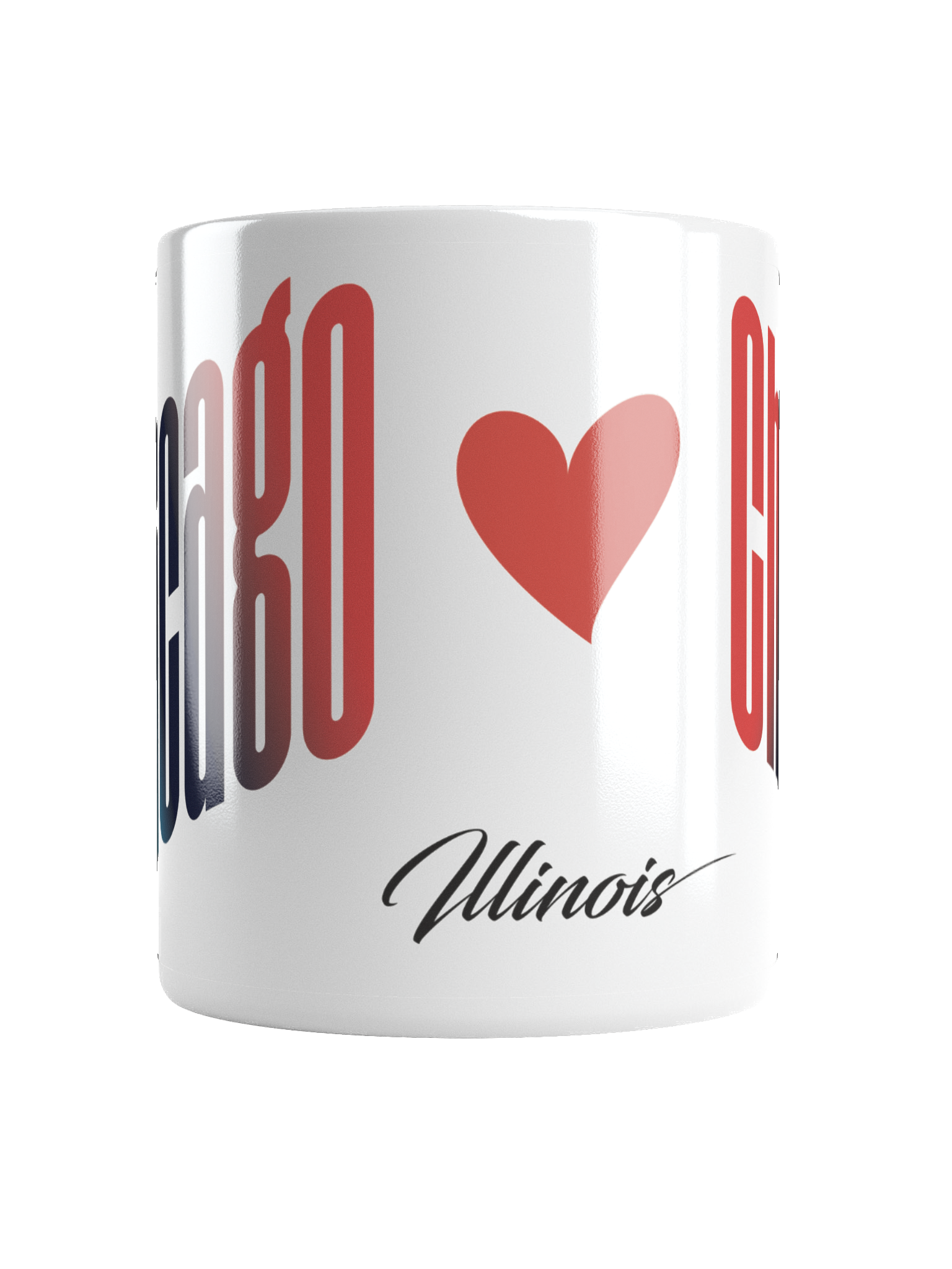A white cylindrical mug with a red heart and 'Illinois' in black cursive script.