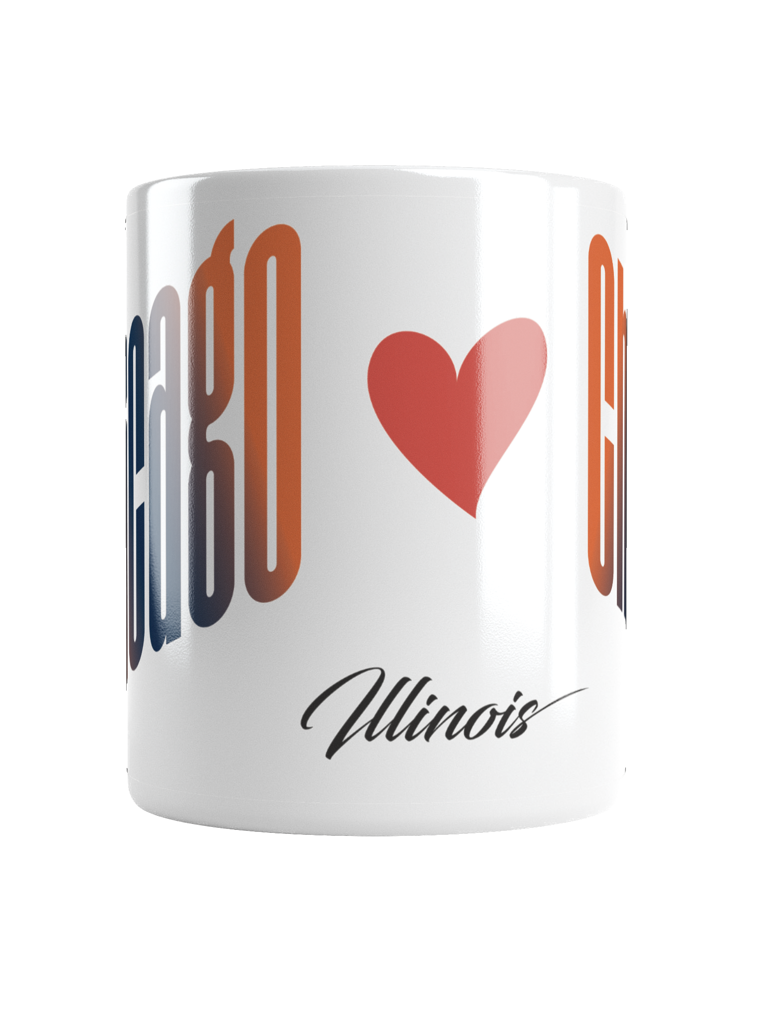A white cylindrical mug with a red heart and 'Illinois' in black cursive script.