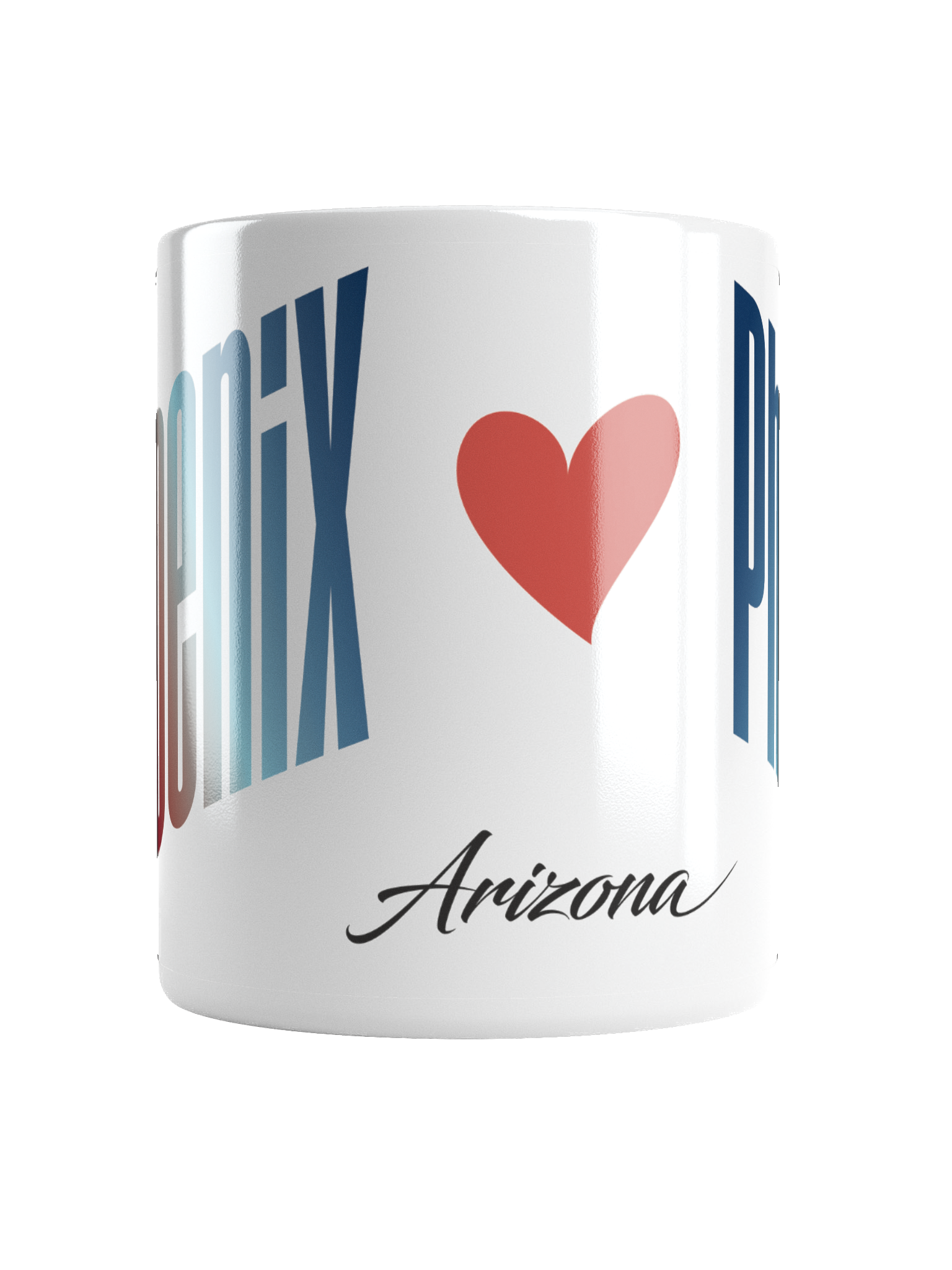 A white mug with a red heart, blue text, and the word 'Arizona' written in black cursive beneath it.