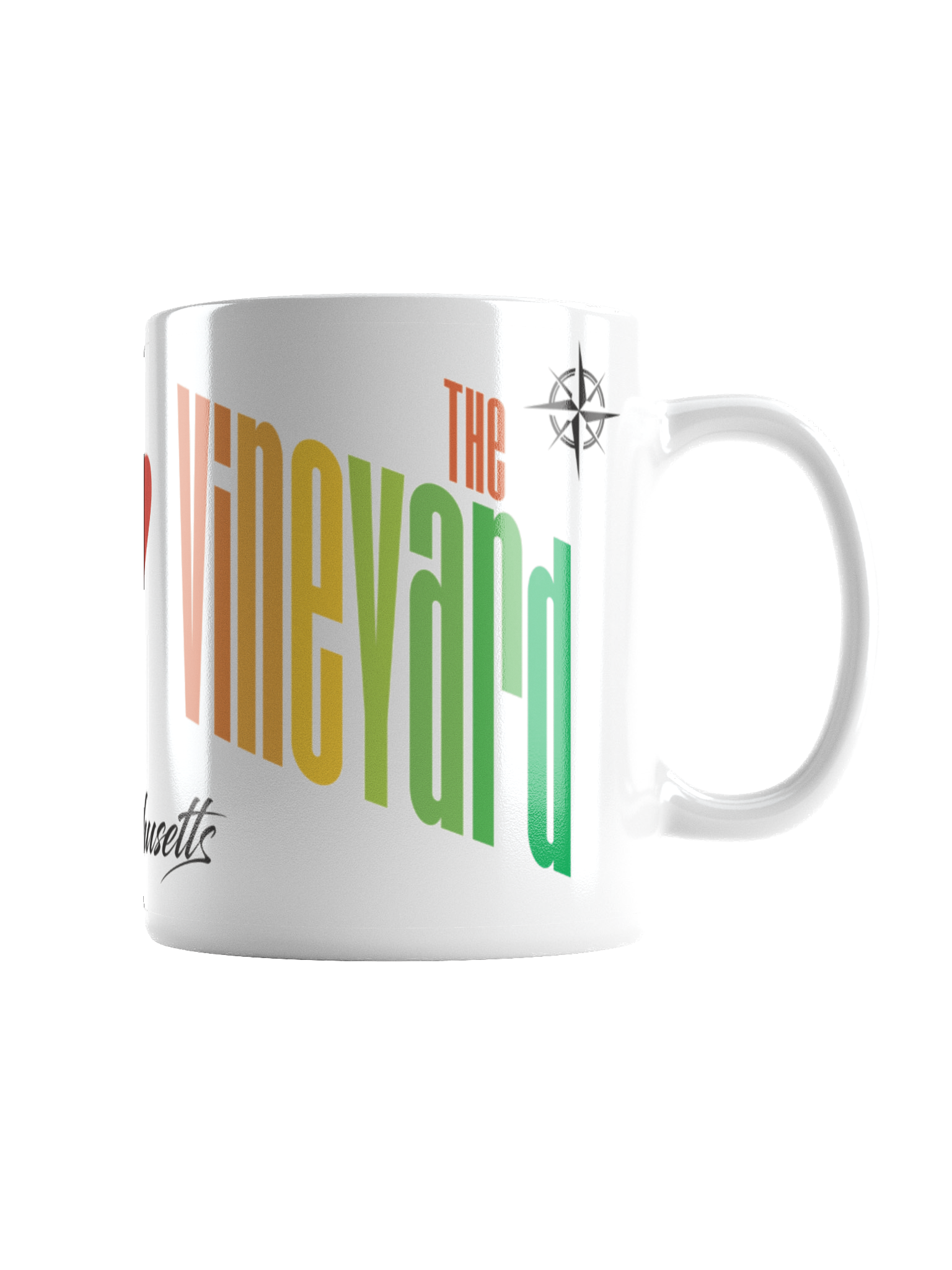 Close-up of a white coffee mug with colorful text and a navy compass symbol.