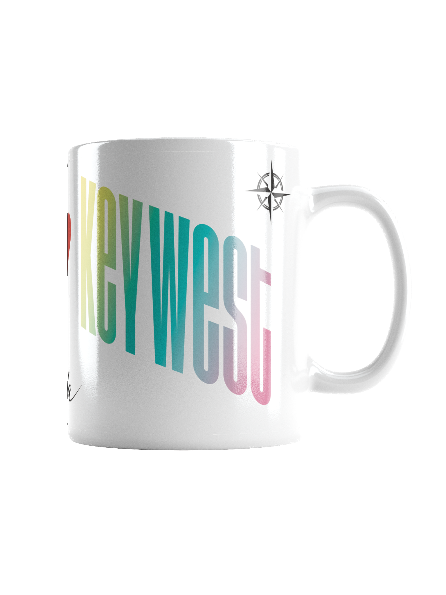 A white ceramic mug with a colorful, stylized text design that reads 'Key West' in large, bold, letters. The mug also features a small compass symbol near the handle.