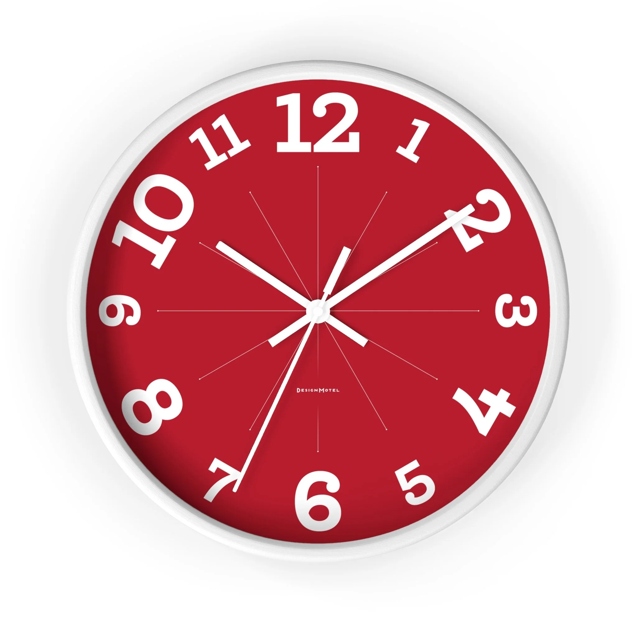 Red wall clock with white numbers and hands showing the time as 10:11:34.