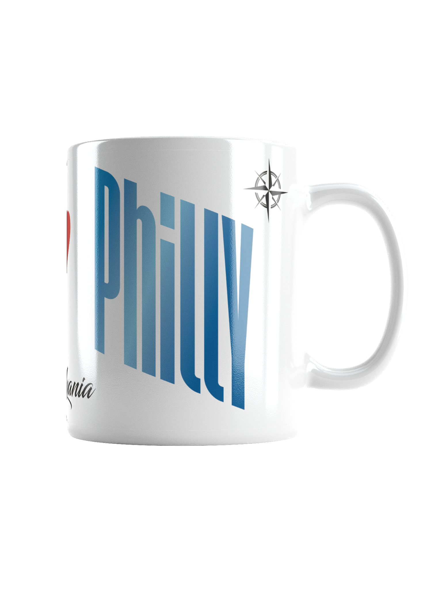 Close-up of a white coffee mug with blue text and partial view of a logo, against a black background.