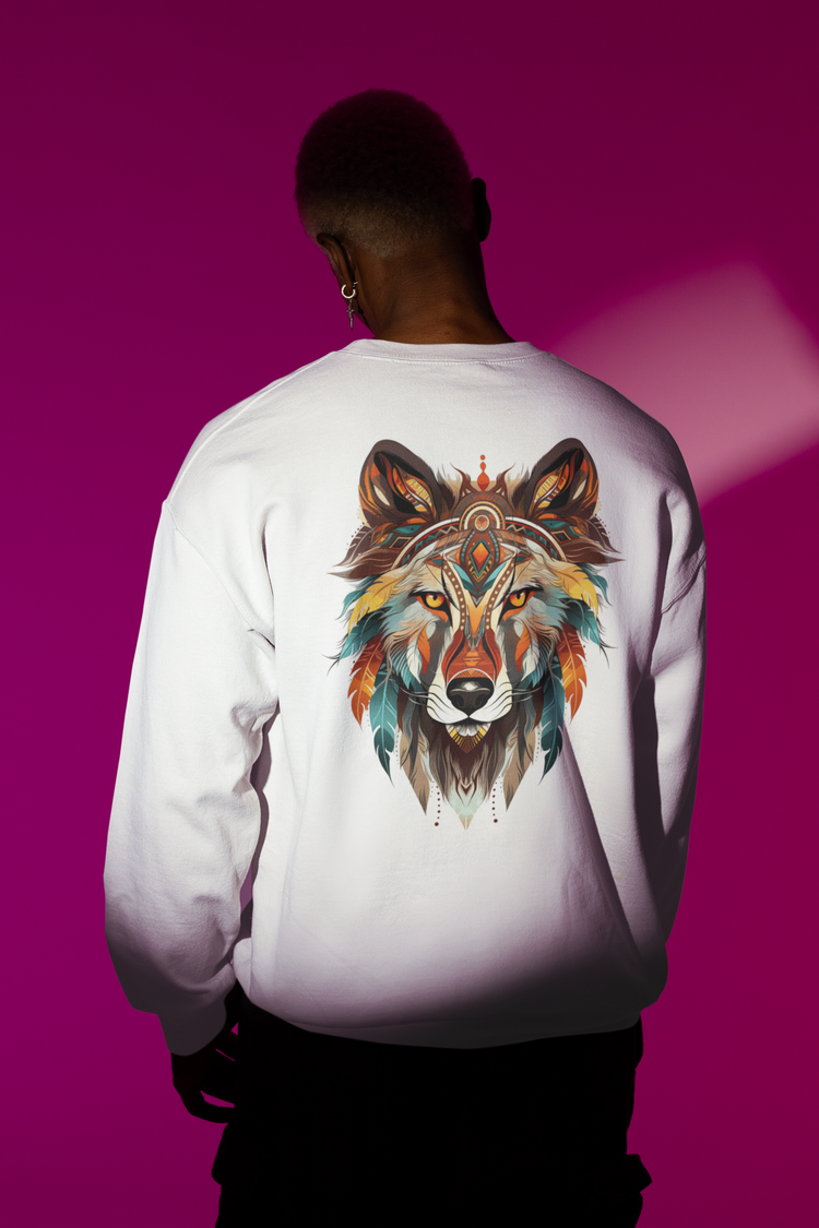 Animal spirit shirt featuring a stylized wolf’s head on the back of a white sweatshirt, worn my a young Black man on a violet background. He is in shadow except for a spotlight on the shirt and back.