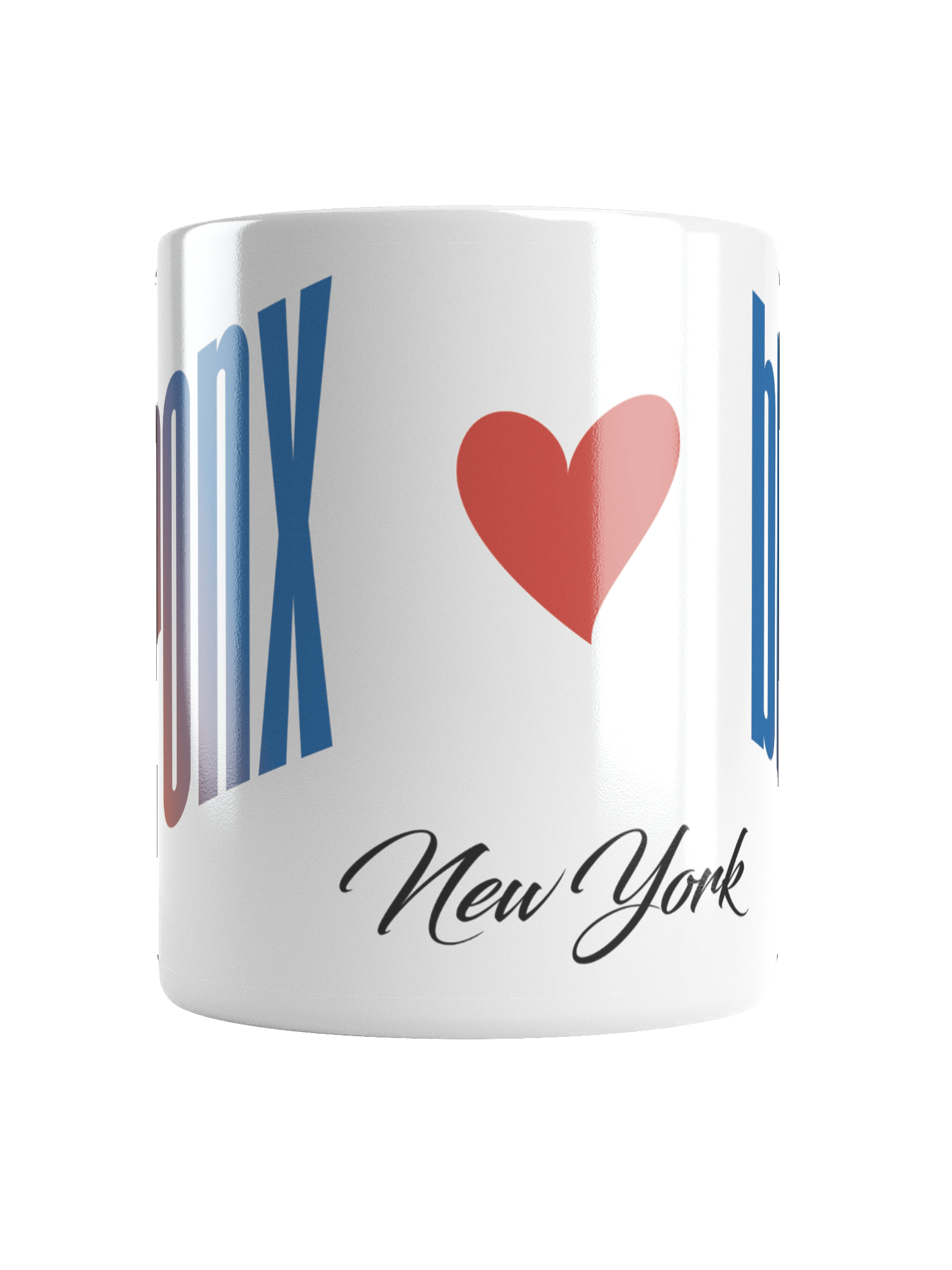 A white mug with the phrase 'New York' in black cursive writing. The mug features a red heart and partial blue text.