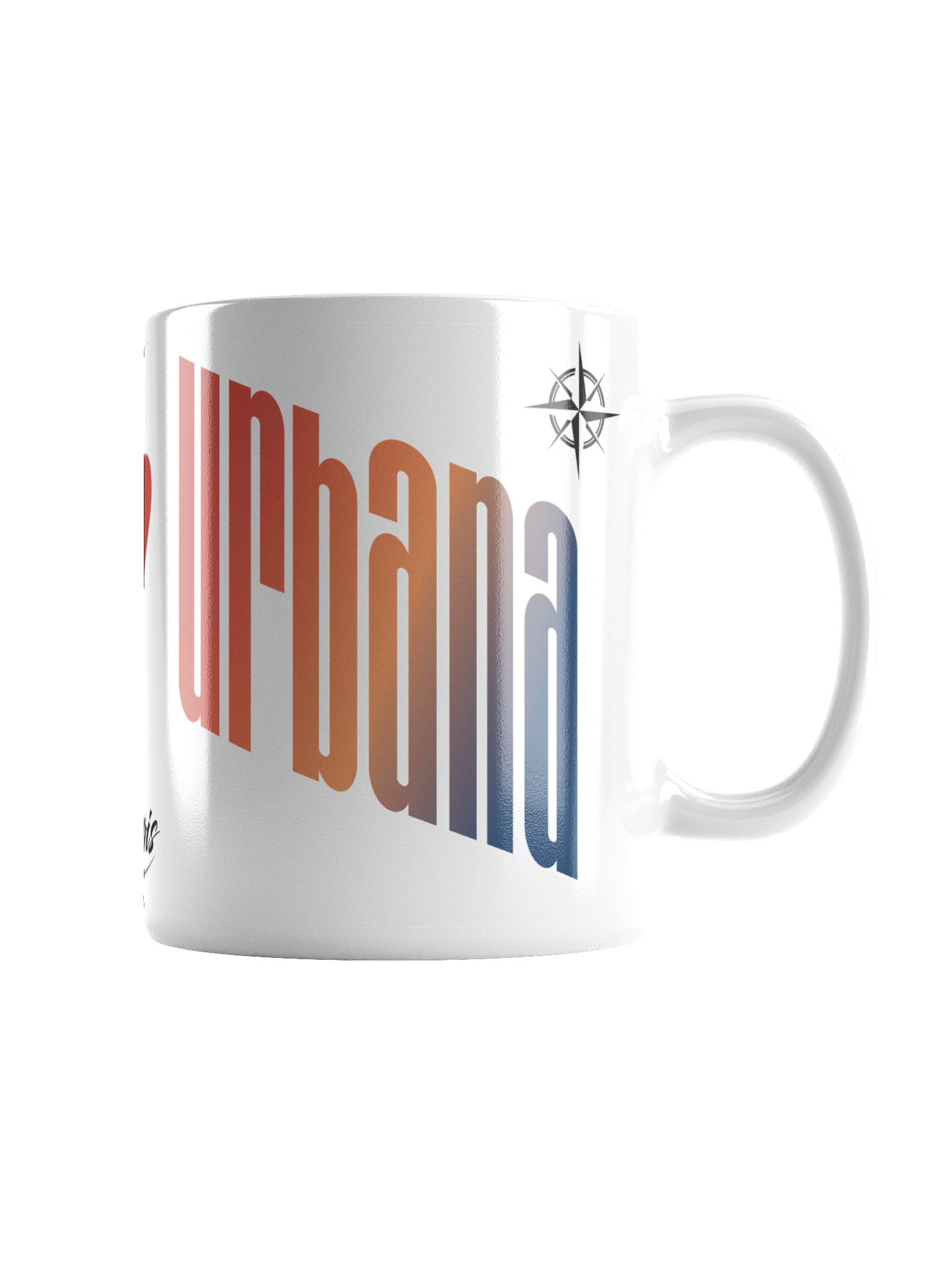 A white ceramic mug with colorful text and a compass design near the top on a black background.