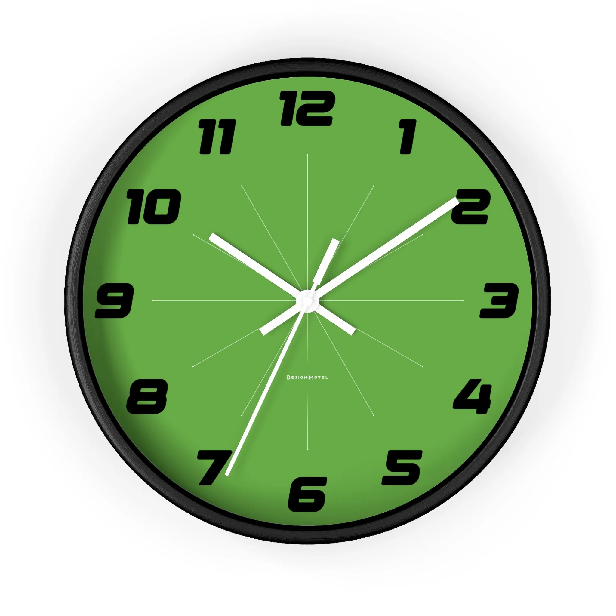 Green wall clock with black numerals and white hands showing 10:11.