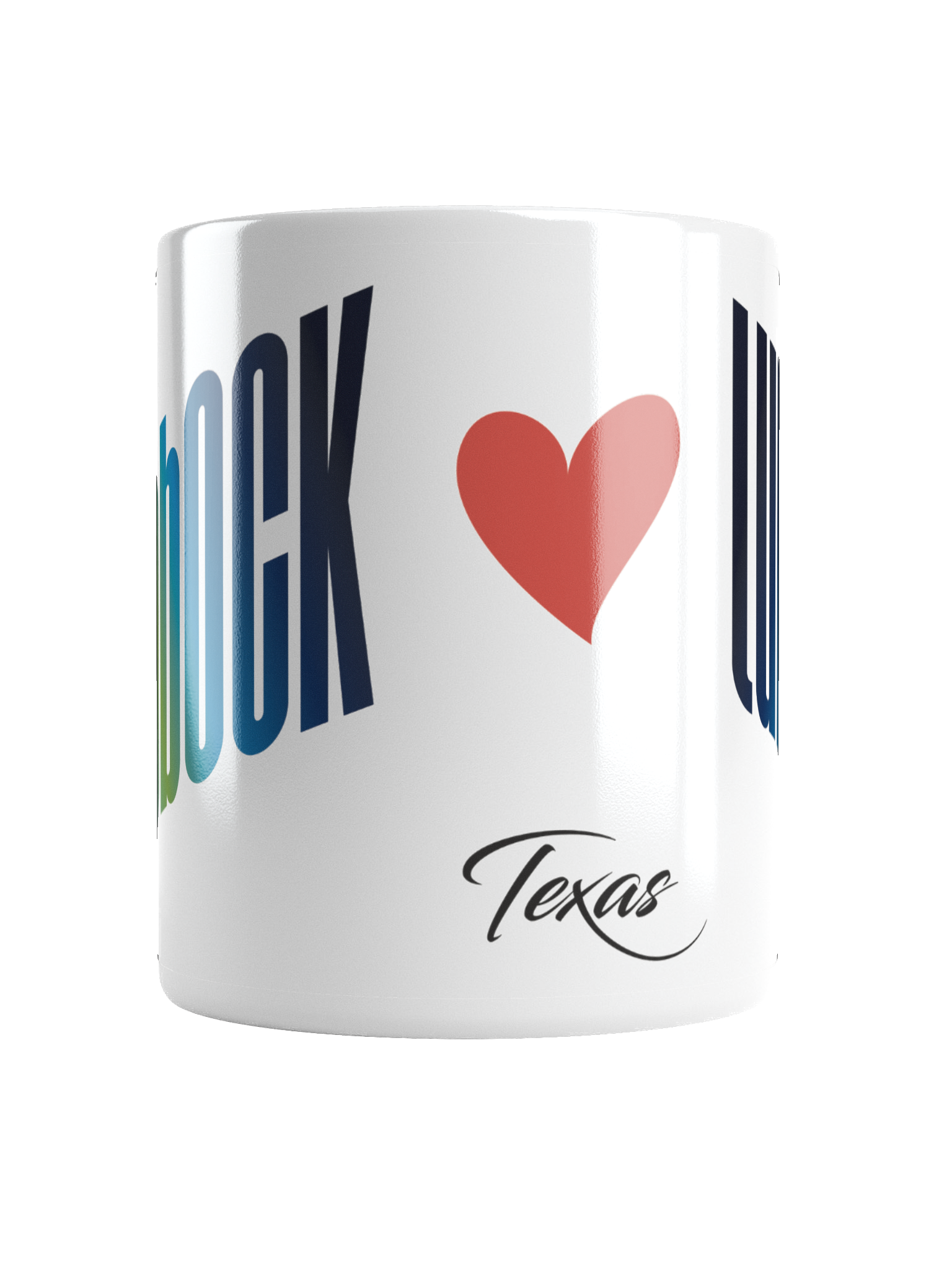 A ceramic mug with a design that reads 'I ❤️ Texas' in large letters, featuring a red heart symbol and the word 'Texas' in cursive.