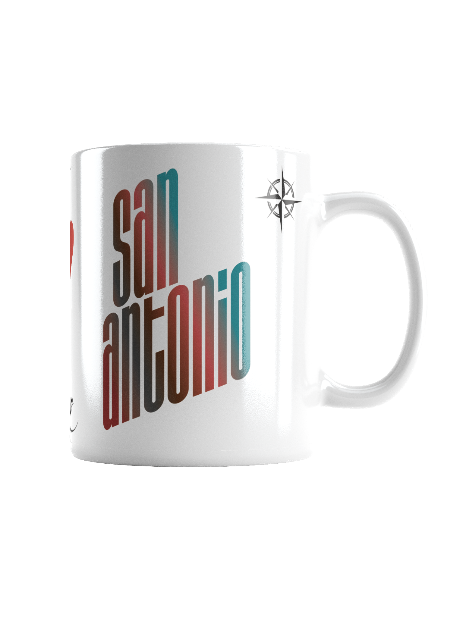 A white ceramic mug with the text 'Stay Amazing' in a vertical, colorful, modern font. The mug features a small compass rose design near the handle.