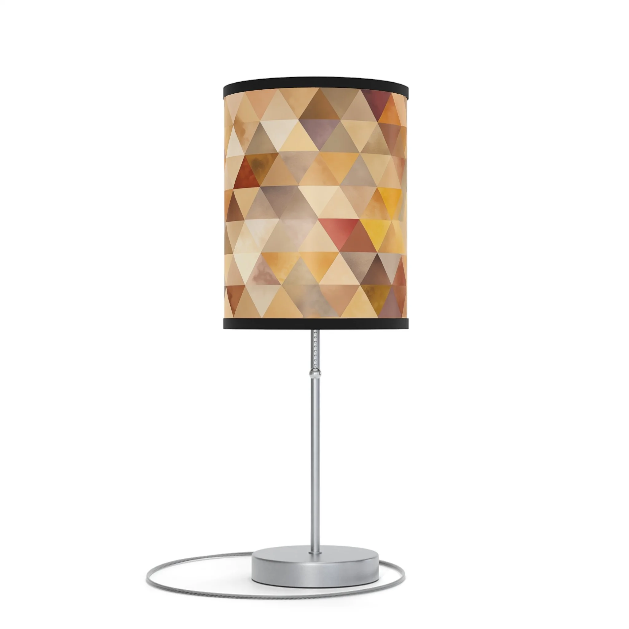 Modern table lamp with a cylindrical lampshade featuring geometric triangle pattern in warm earth tones, metal base and adjustable height