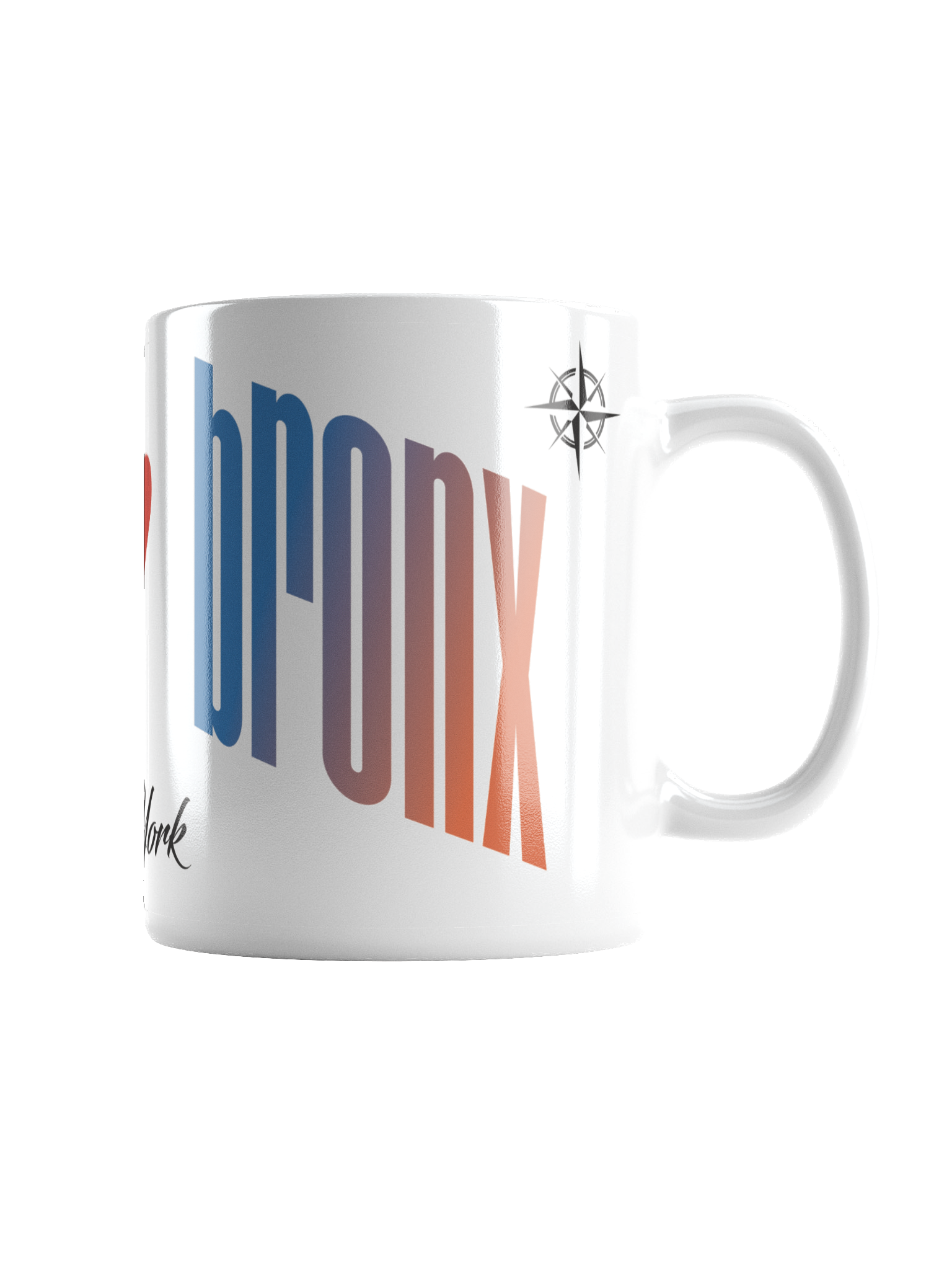 Close-up of a white ceramic mug with the word 'Bronx' written in a colorful, gradient font and a black nautical compass logo near the handle.