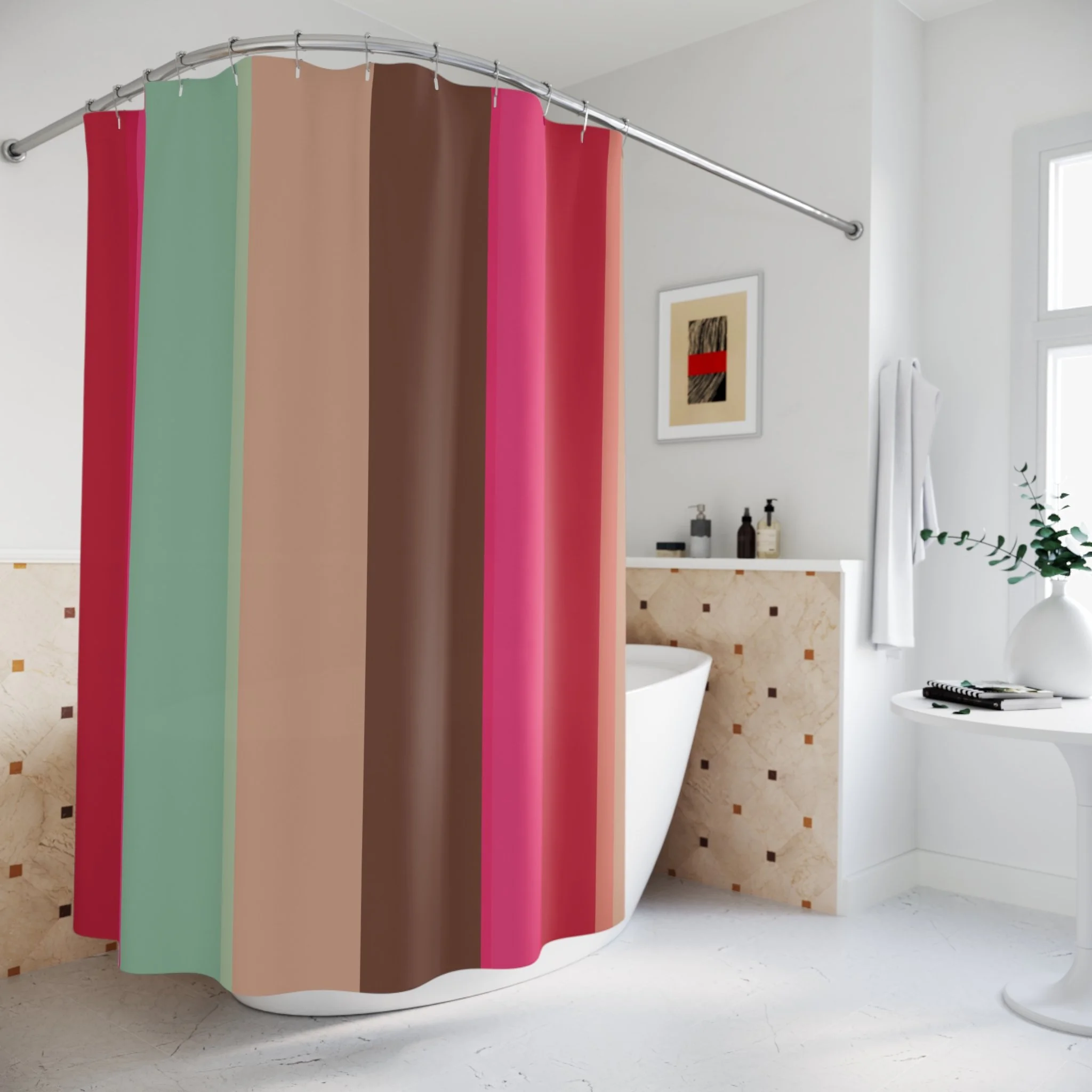 Bathroom with a colorful striped shower curtain, a white bathtub, a white side table with a white vase and greenery, a framed artwork on the wall, and bottles of soap and lotion on a ledge.