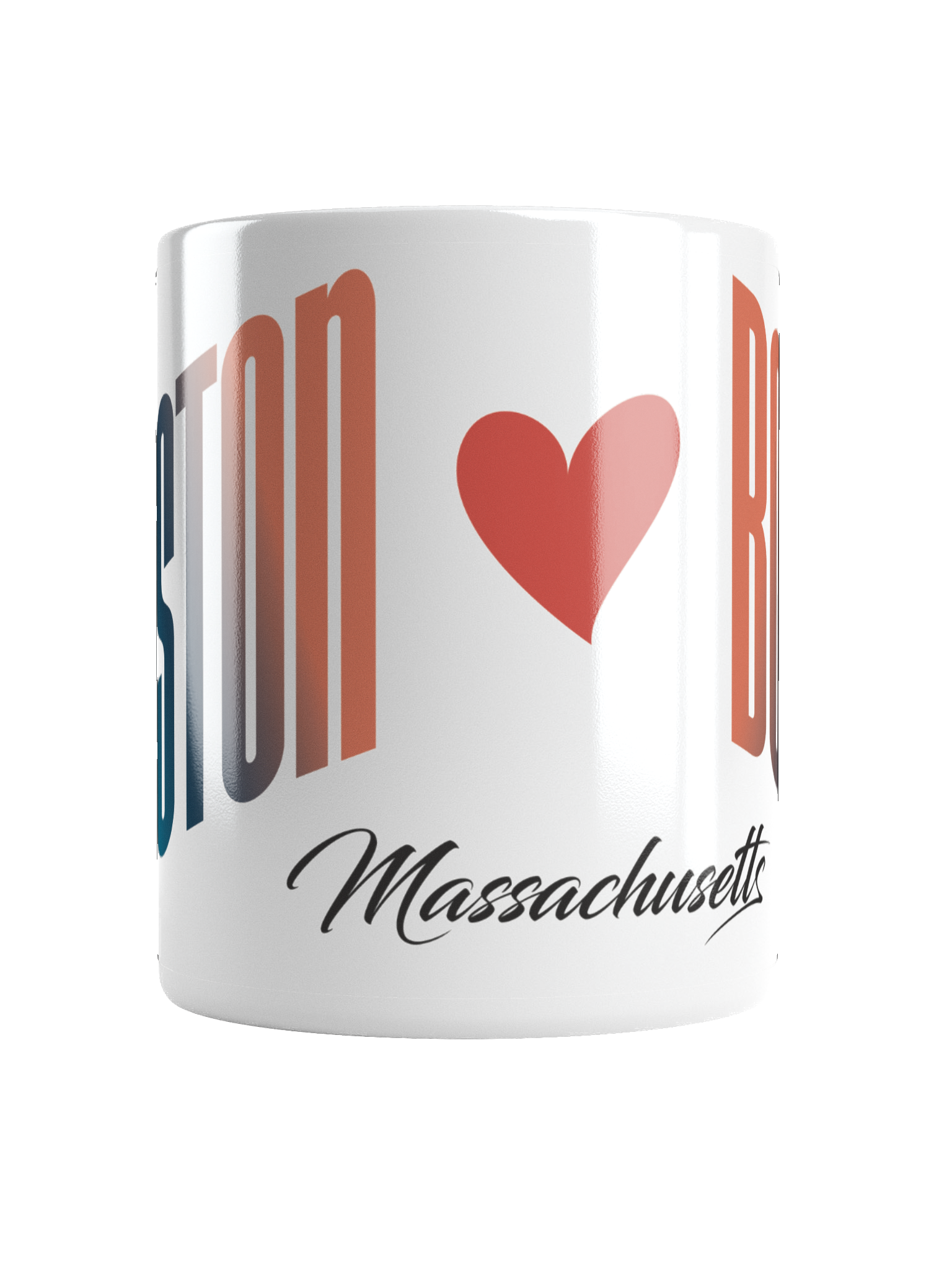 A white mug featuring a stylized heart symbol in red, and the word 'Massachusetts' written in black cursive below.